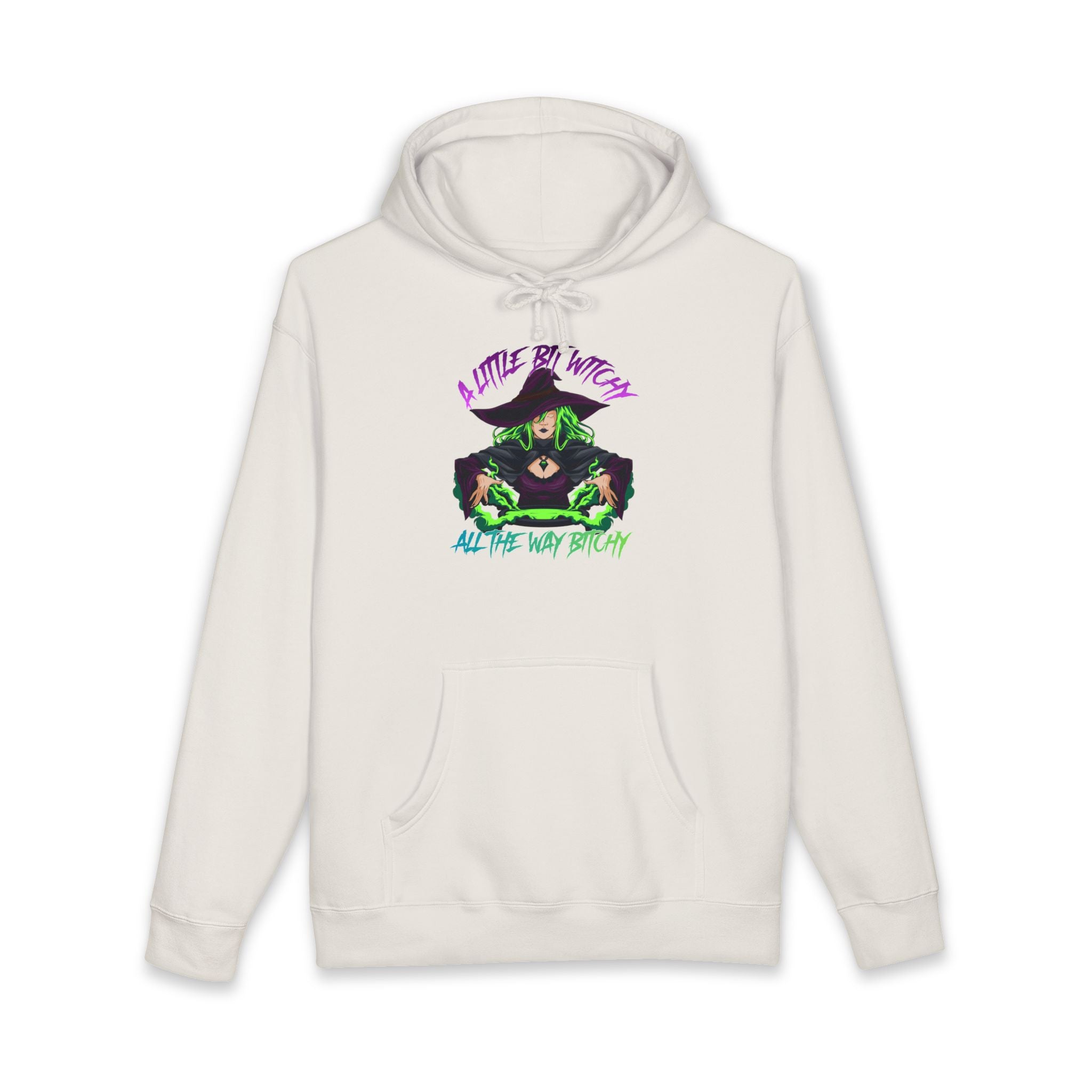 Cream hoodie with a witch graphic that reads "A Little Bit Witchy All The Way Bitchy".