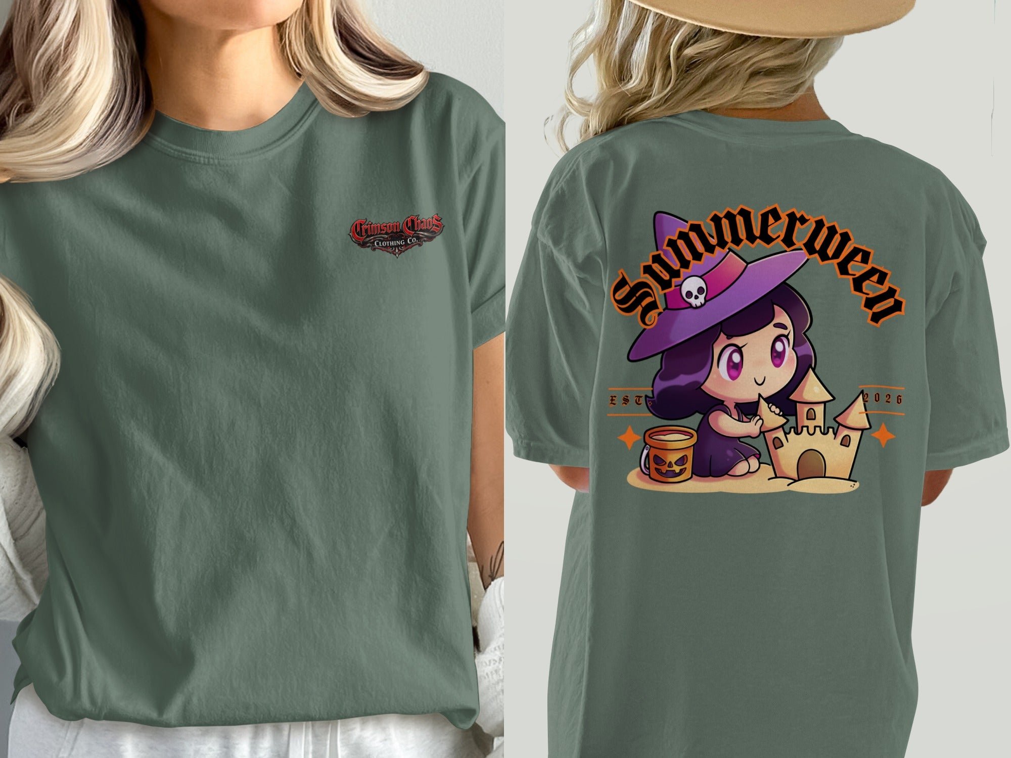 Green t-shirt with witch and sandcastle graphic and "Summerween" text.