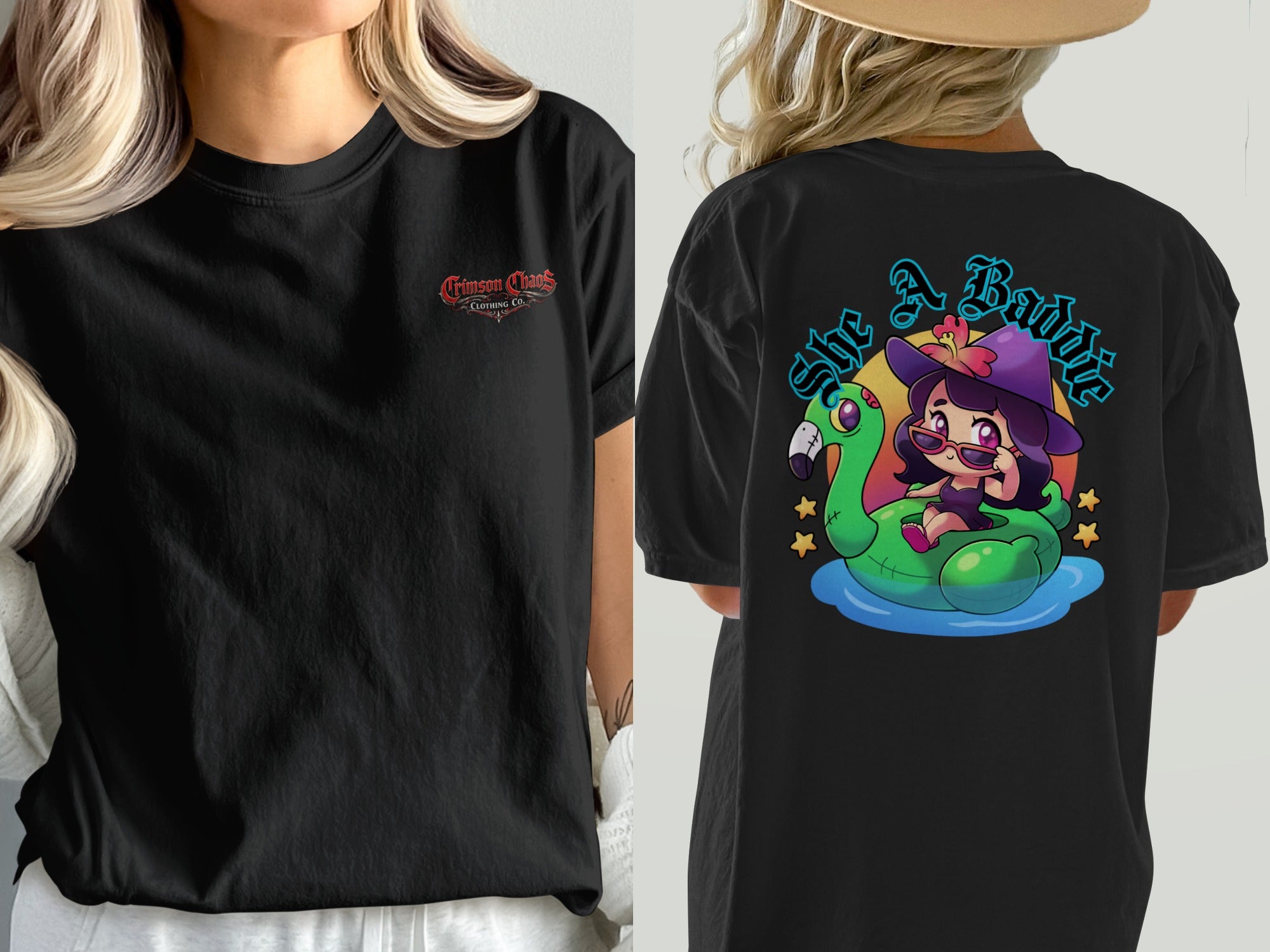 Black t-shirt with front logo and cartoon witch on flamingo float back graphic.