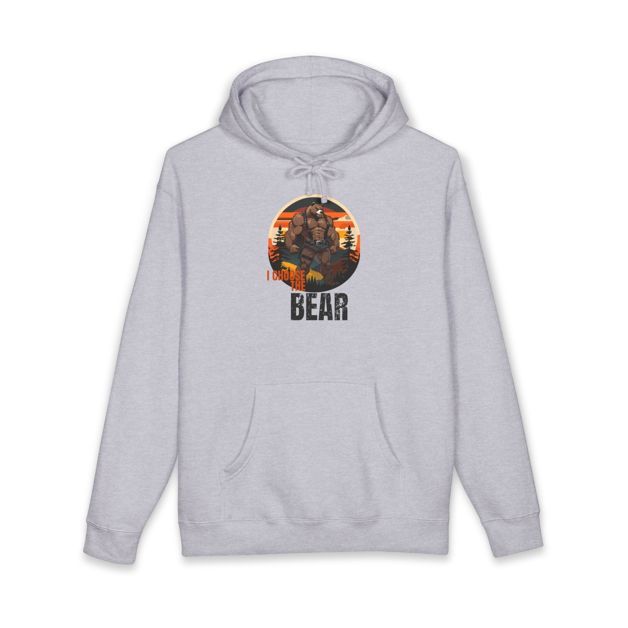 Grey hoodie with "I Big Bear" text and silhouette of a bear in trees.