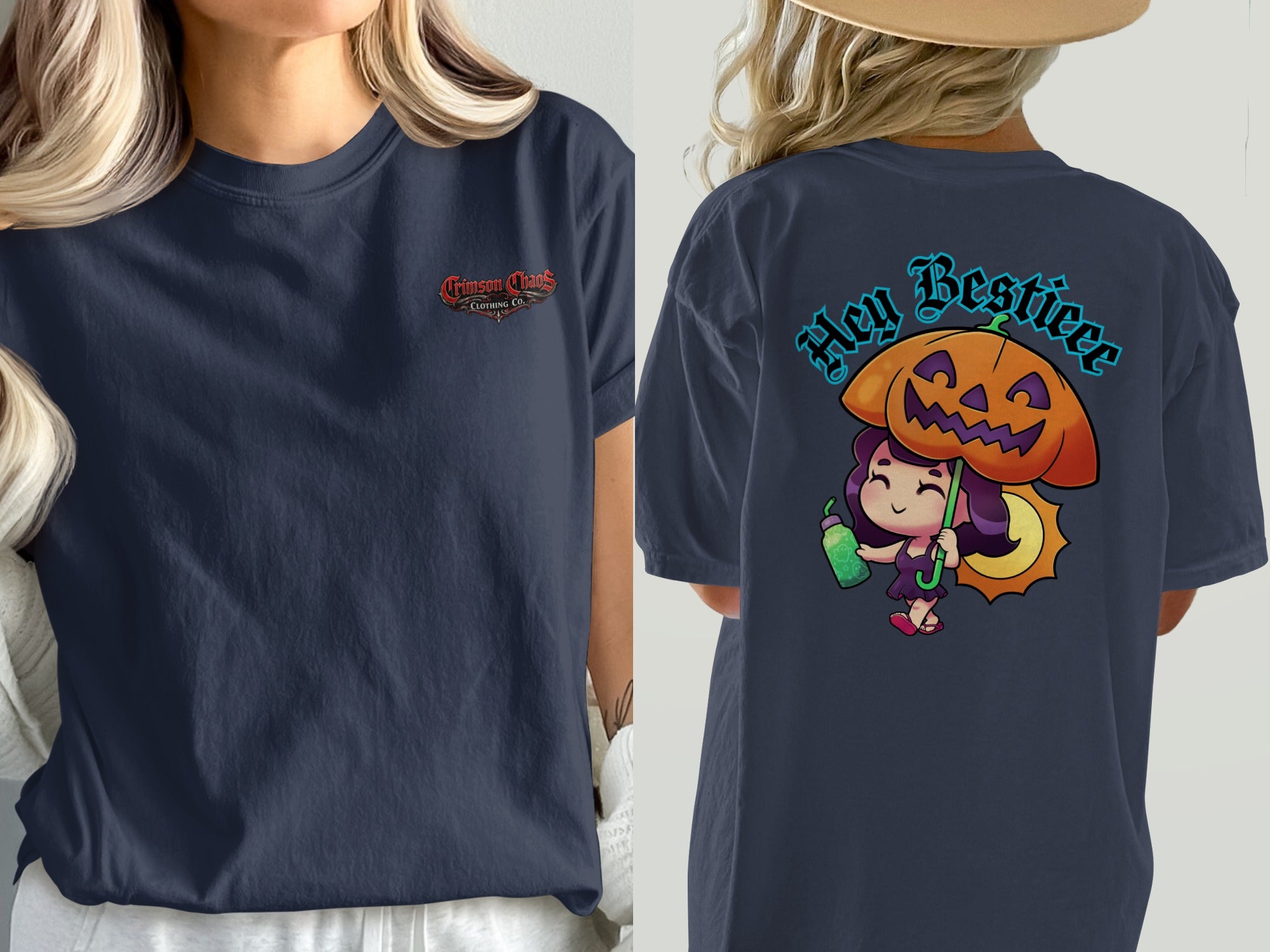 Dark navy t-shirt with "Crimson Chaos Clothing Co." on front and "Hey Bestieee" with pumpkin character on back.