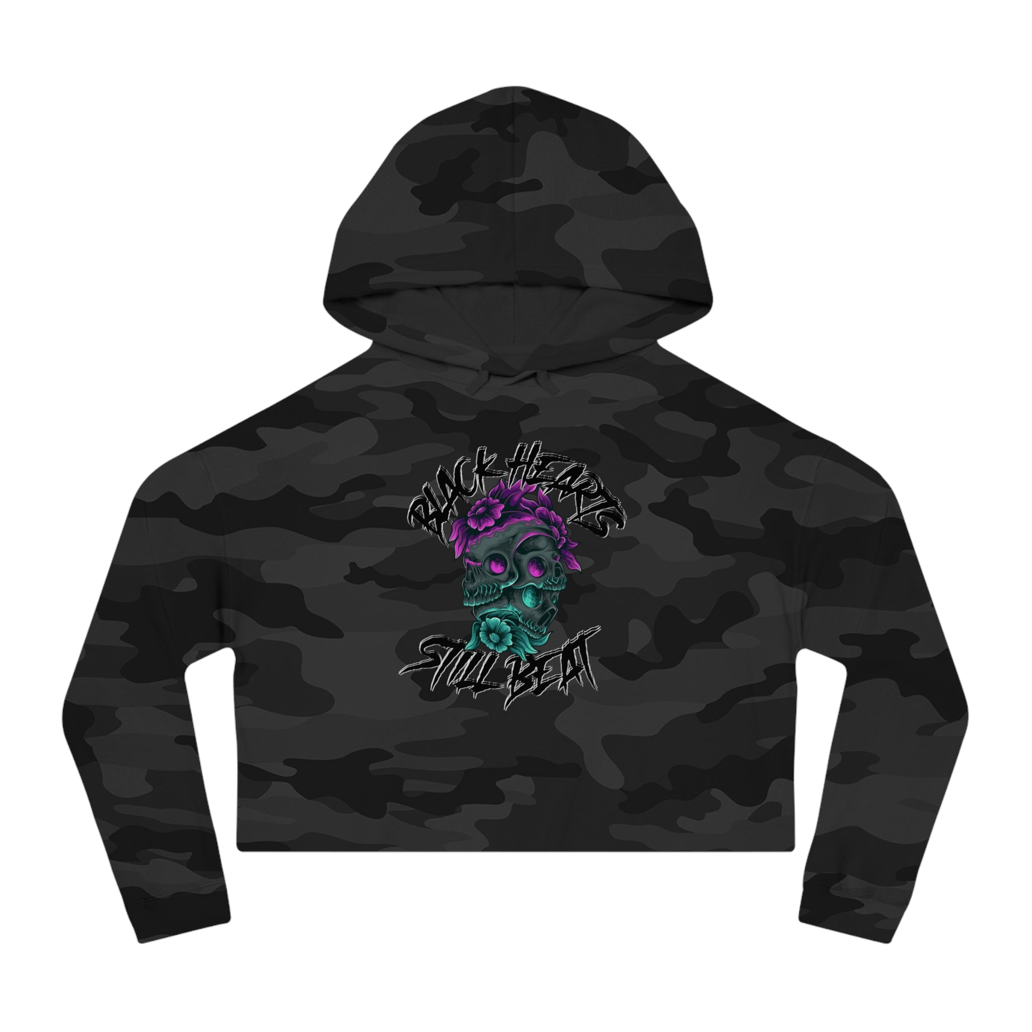 Black camouflage cropped hoodie with "BLACK HEARTS" and "SKULL BEAT" text and skull graphic.