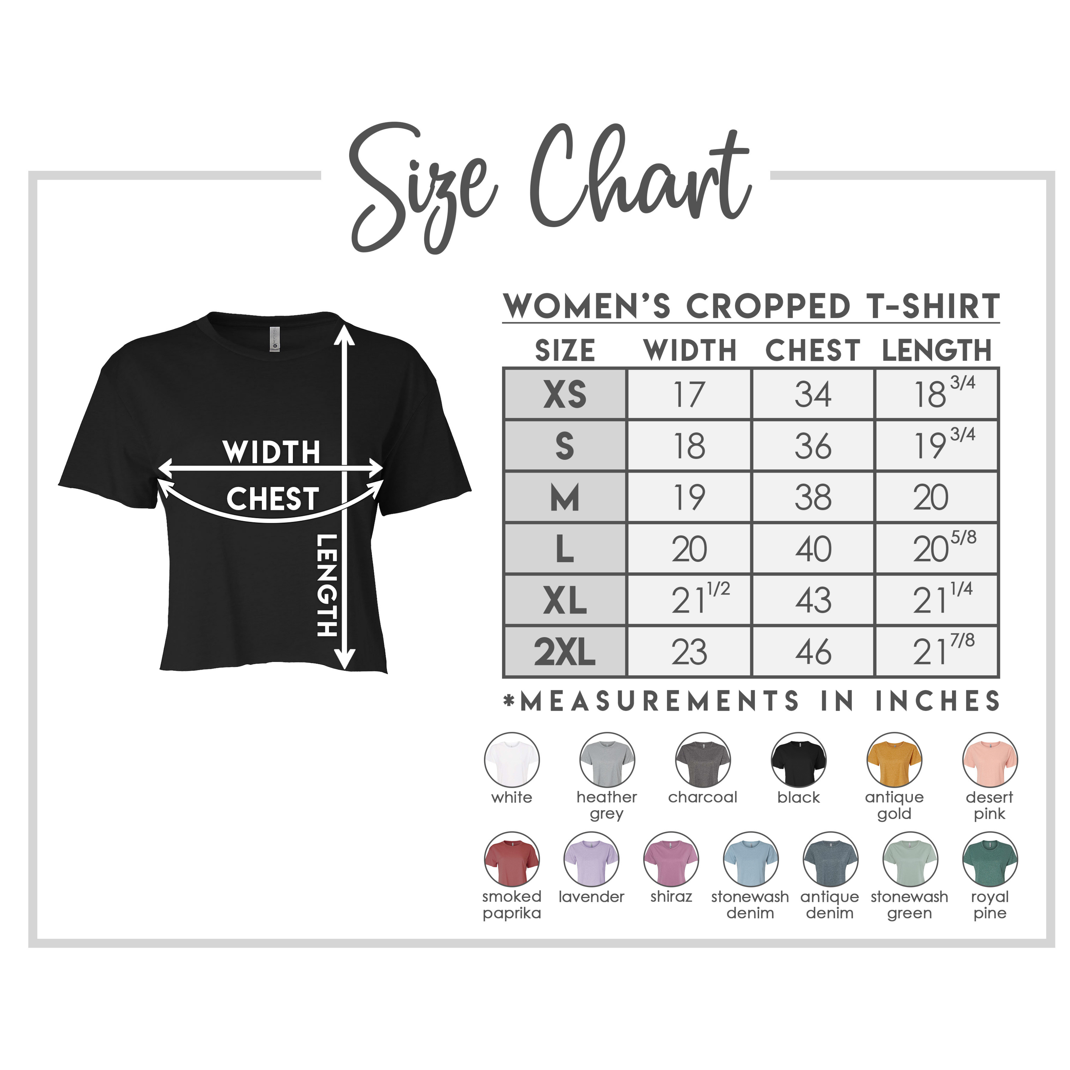Women's cropped t-shirt size chart with measurements and color swatches.
