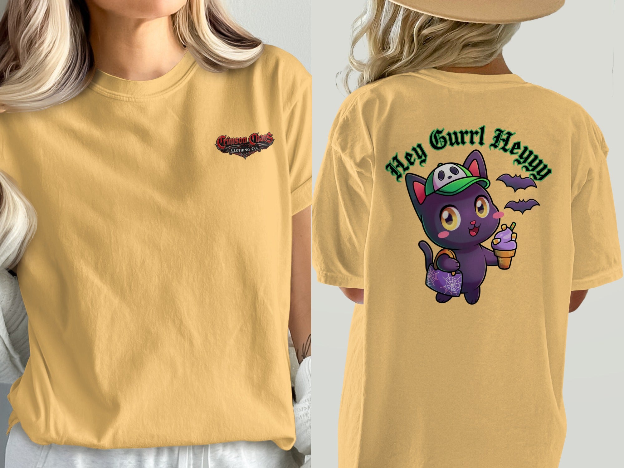 Yellow t-shirt with "Crimson Chaos Clothing Co." logo on front and cartoon cat on back.