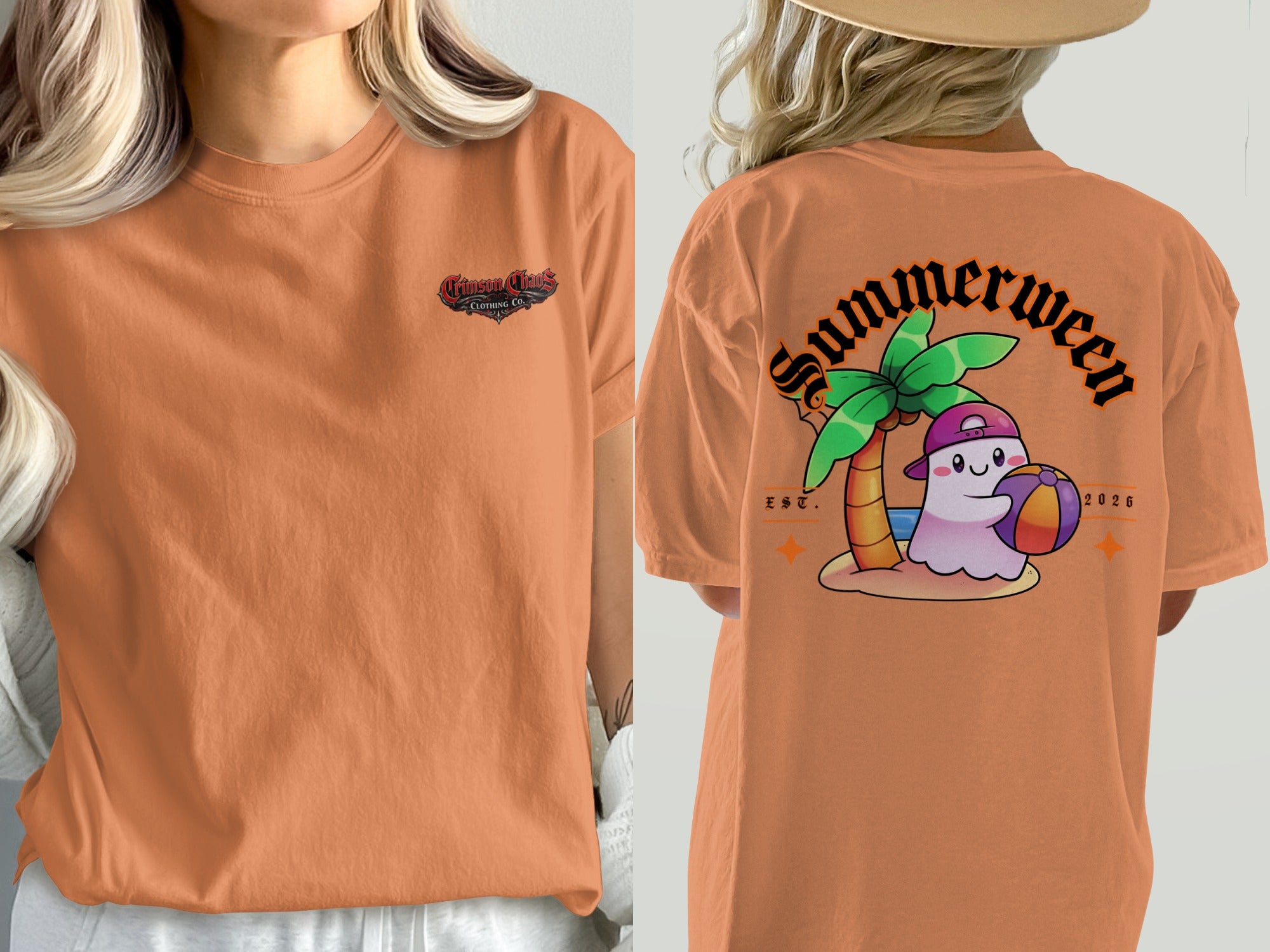 Orange t-shirt with "Crimson Chaos" logo on front and beach ghost graphic on back.