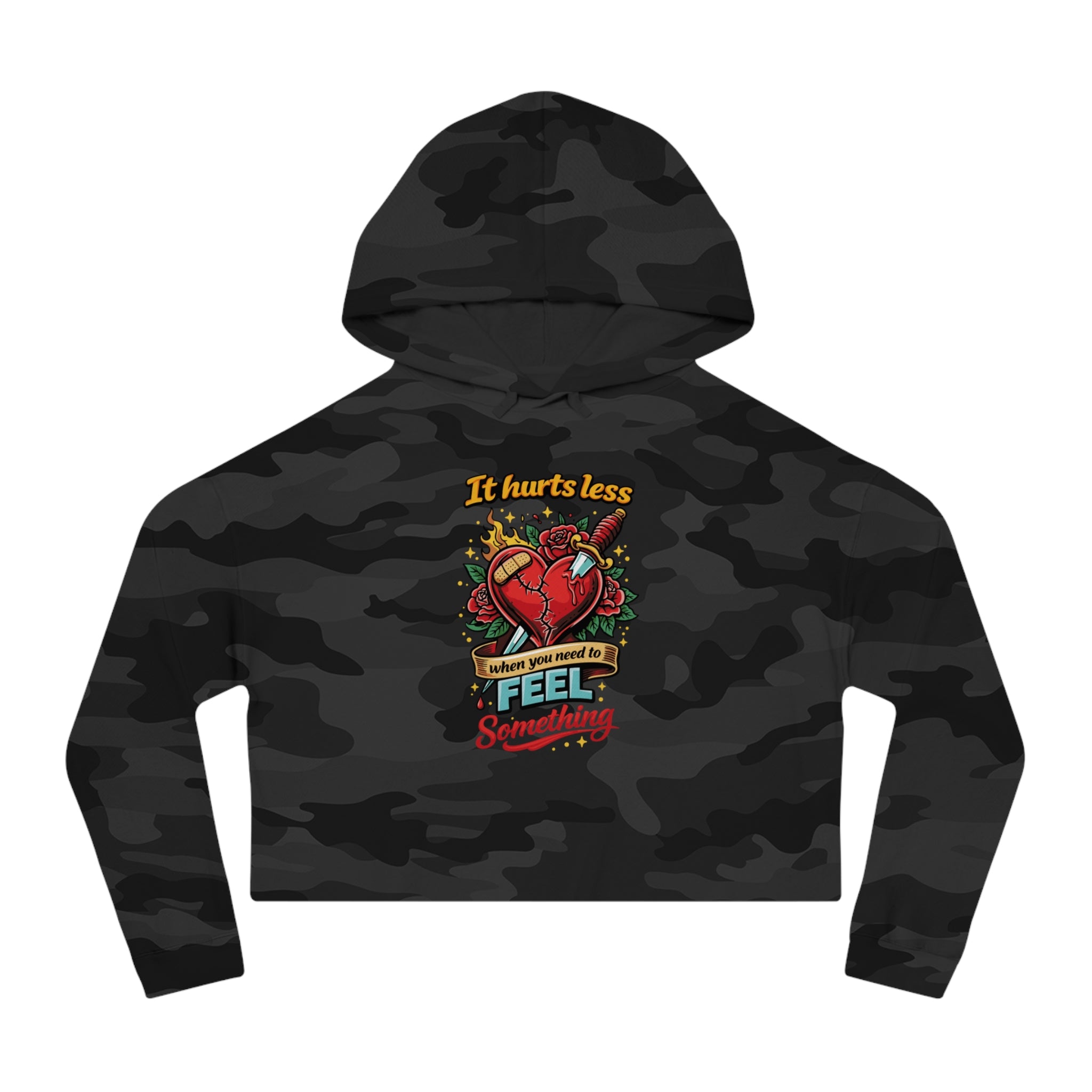 Cropped camouflage hoodie with heart and dagger graphic and text.