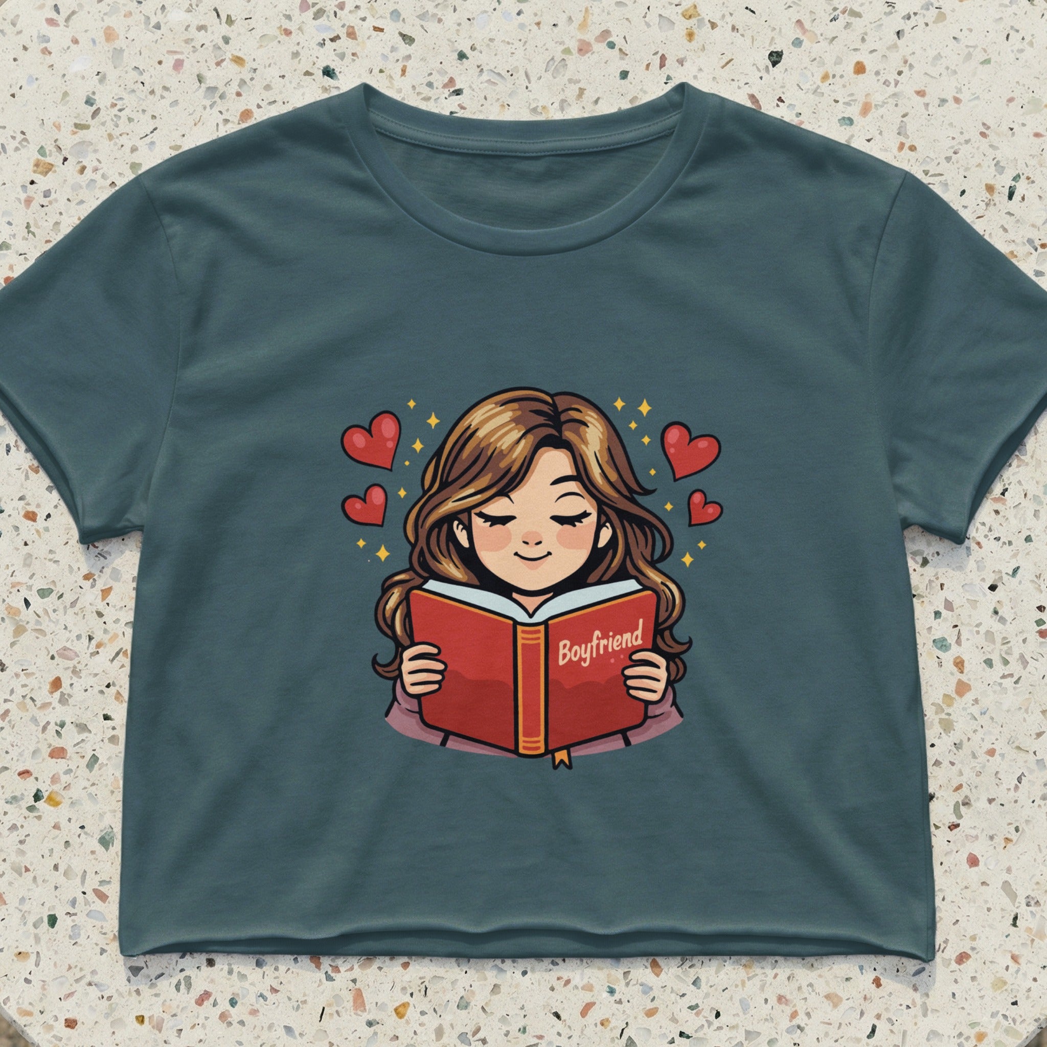 Woman reading a book titled "Boyfriend" with hearts.