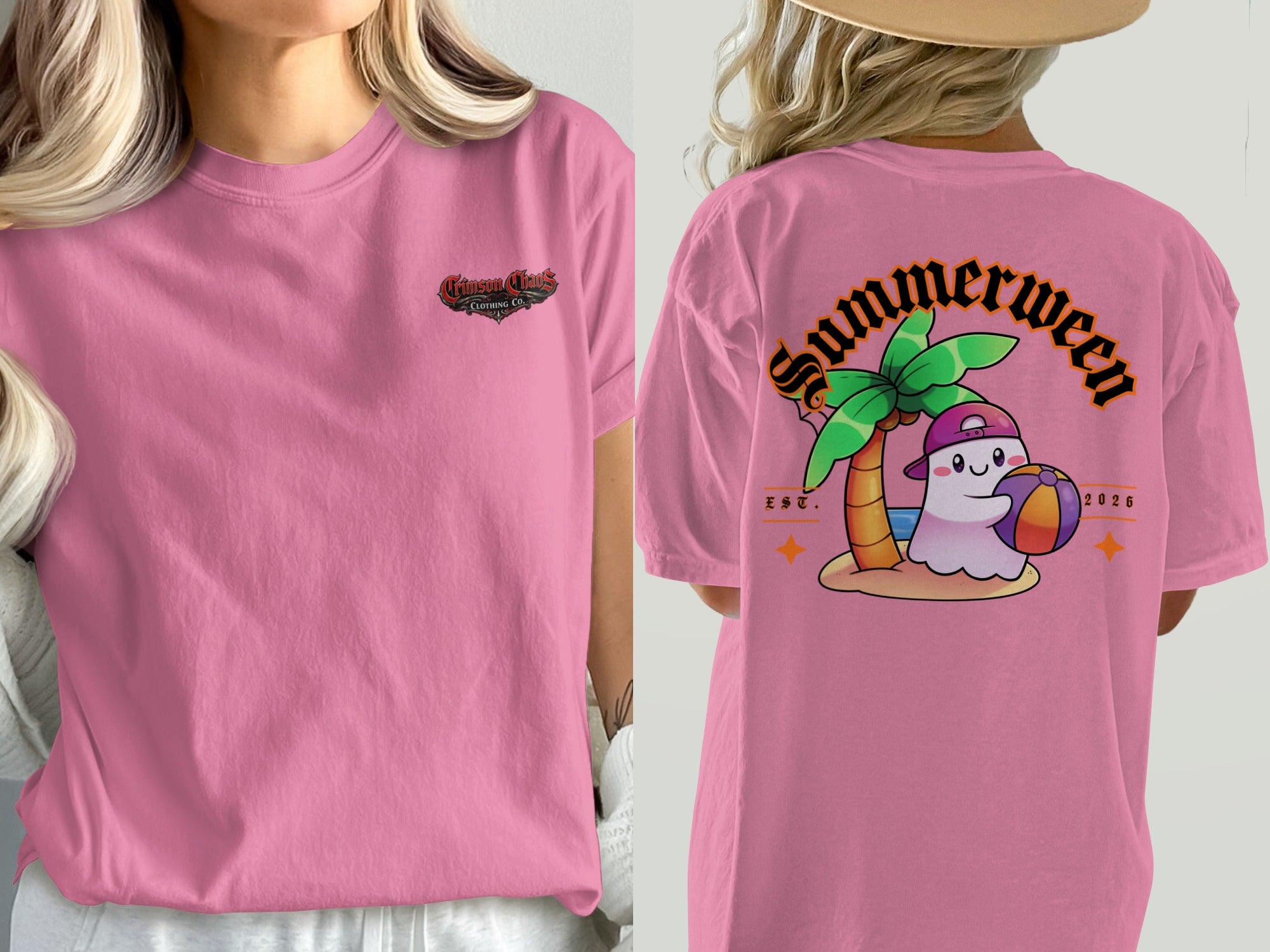 Pink t-shirt with "Crimson Chaos Clothing Co." on front and ghost with beach ball on back.
