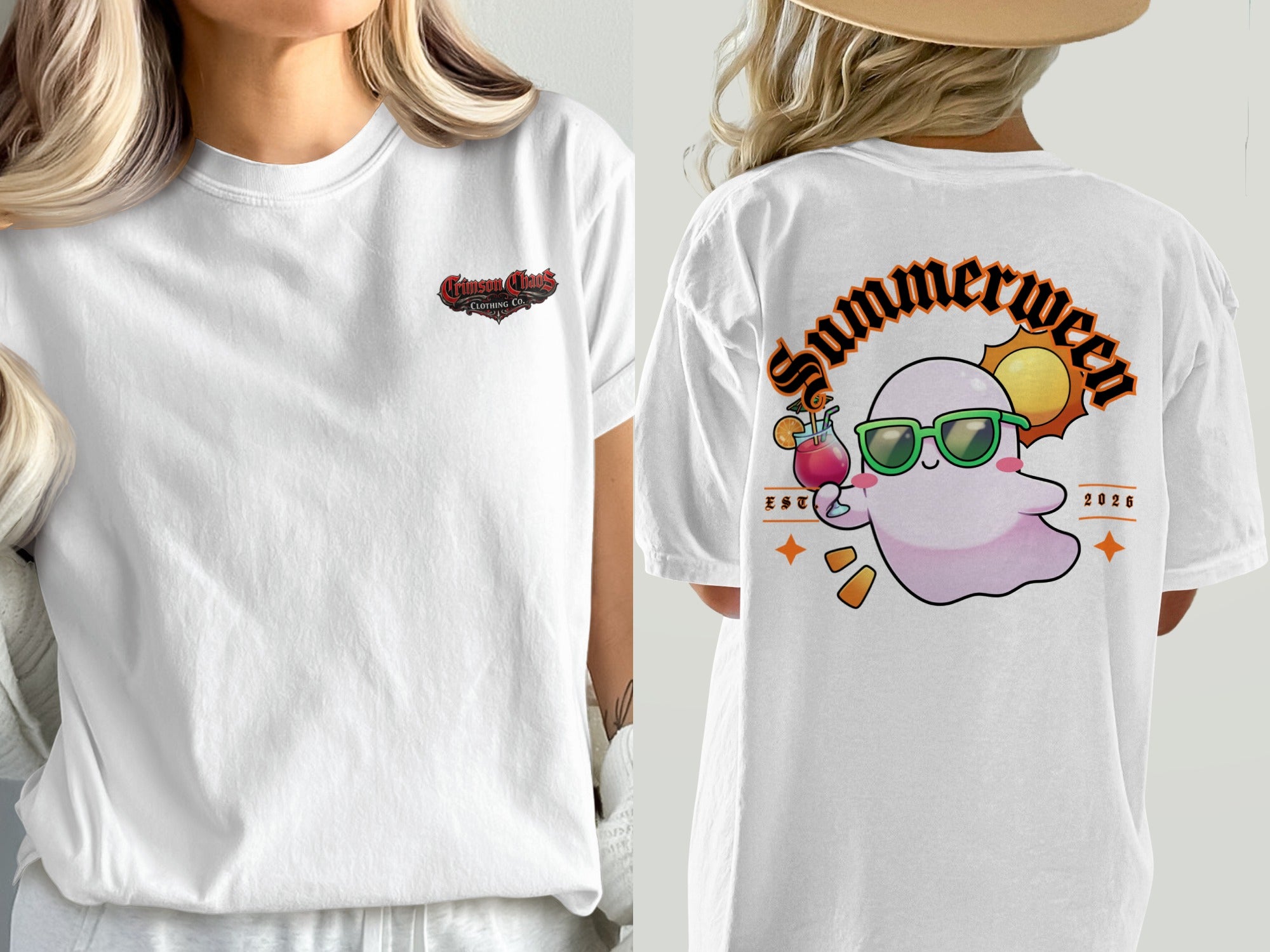 White t-shirt with Crimson Chaos Clothing Co. logo on front and summer ghost graphic on back.