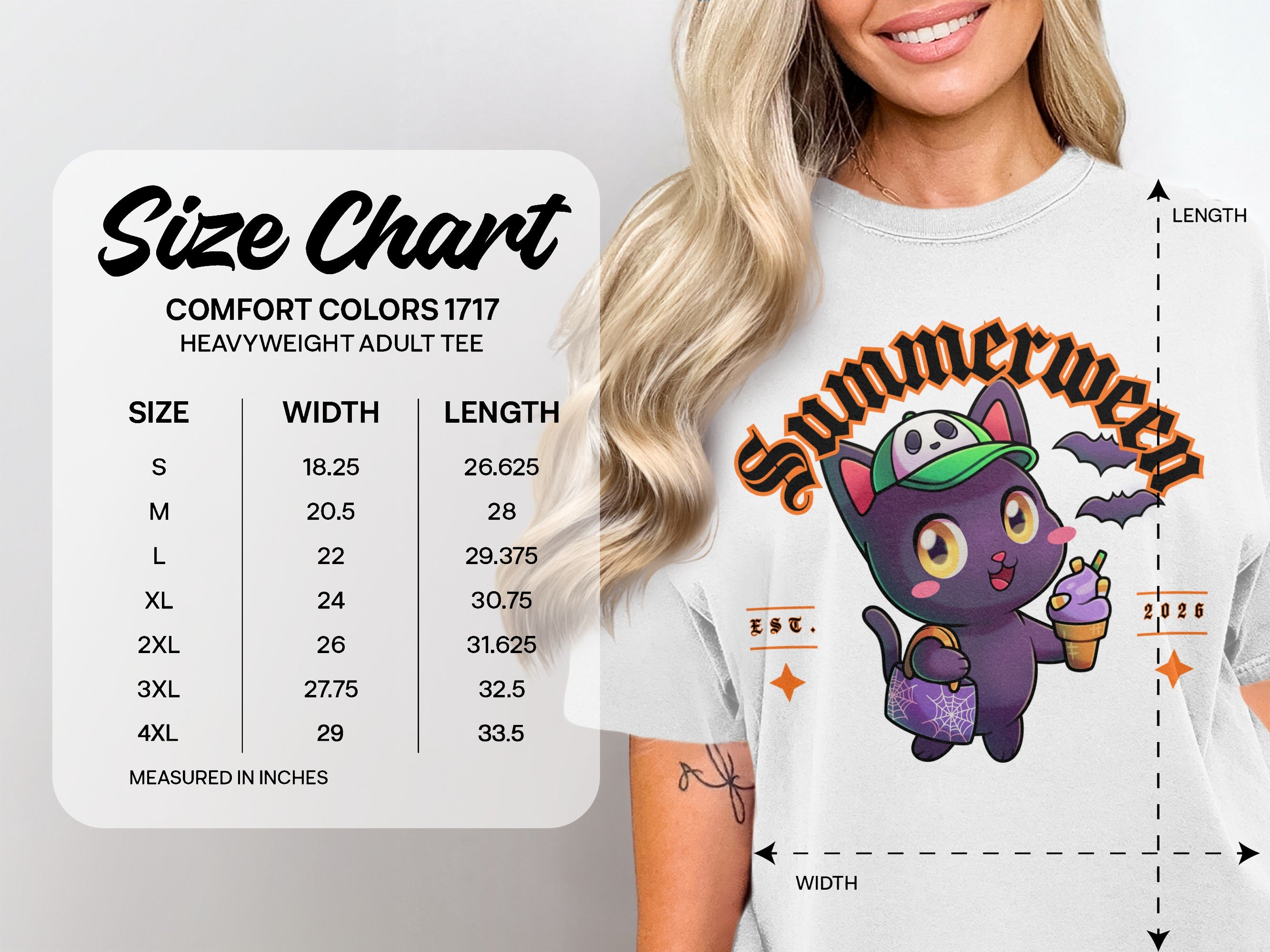 Comfort Colors 1717 size chart for a heavyweight adult tee.