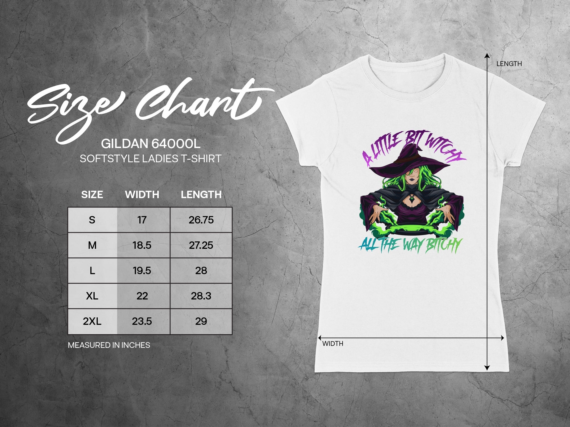 Gildan 64000L ladies t-shirt size chart with measurements.