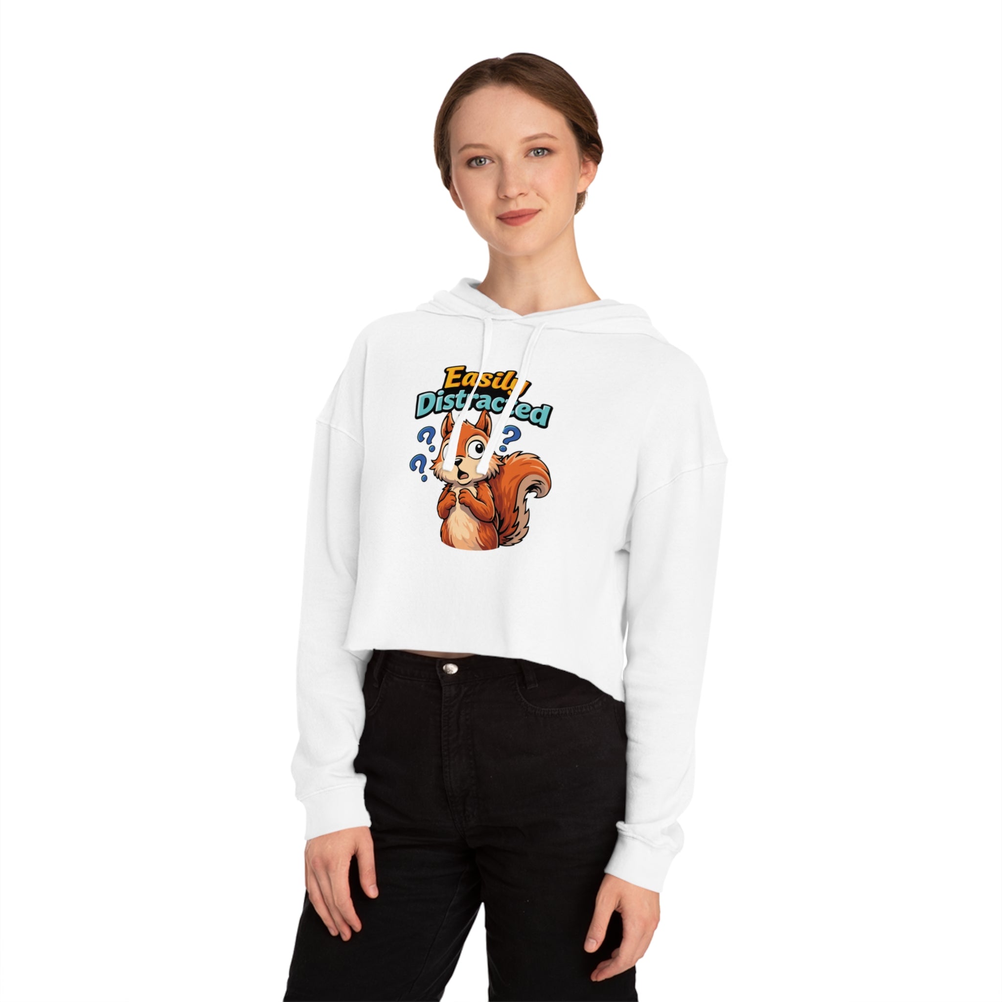 White cropped hoodie with cartoon squirrel asking "Easily distracted?"