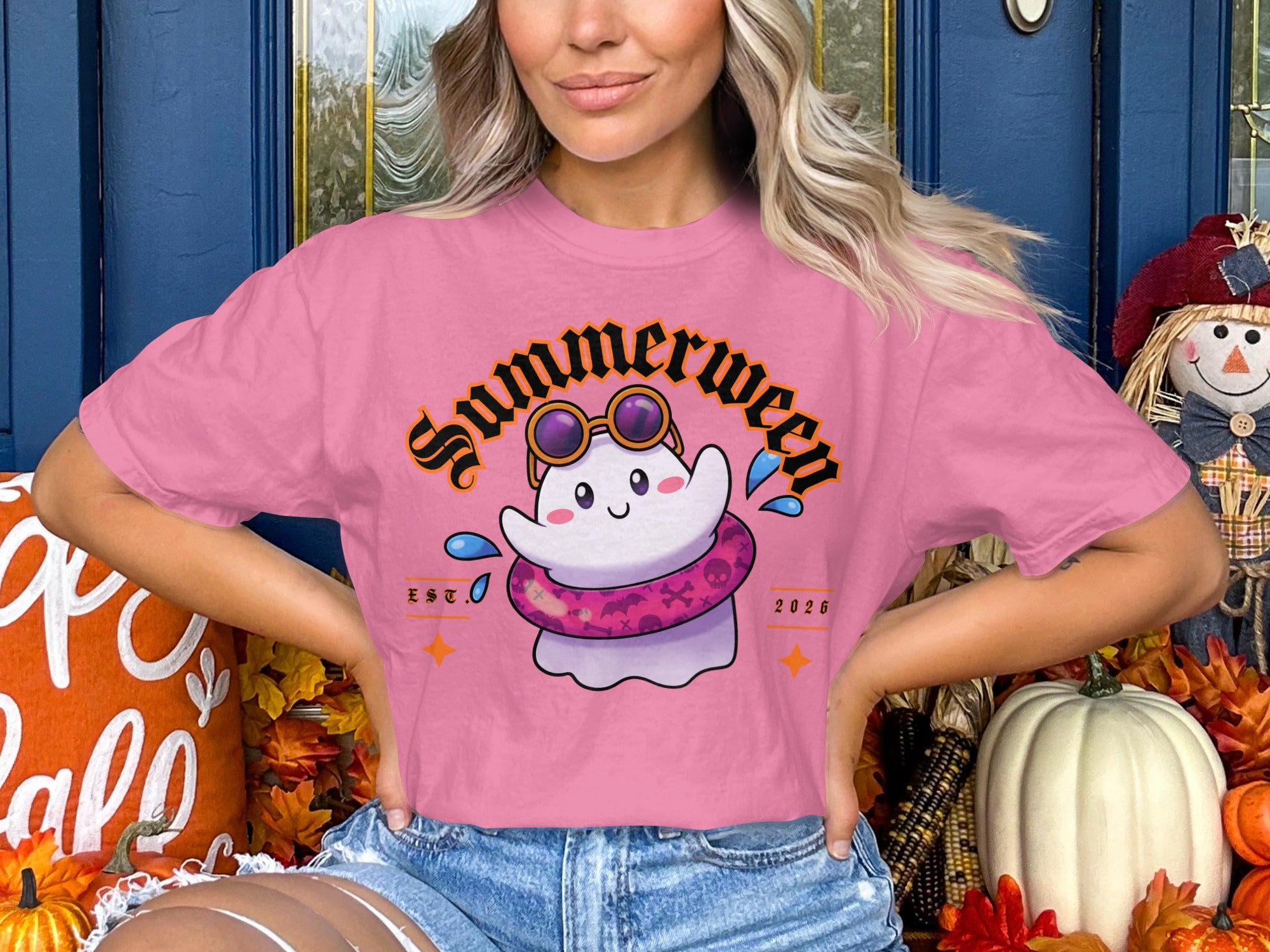 Pink t-shirt with "Summerween" text and a cute ghost with sunglasses and a pool float.