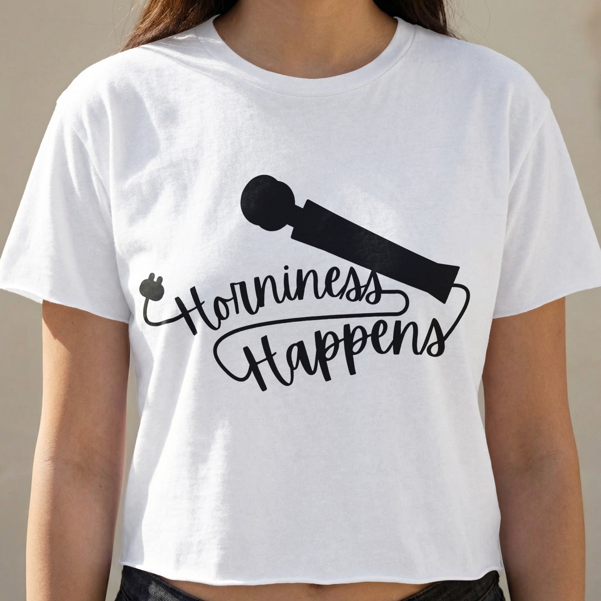 White t-shirt with "Horniness Happens" text and a vibrator graphic.