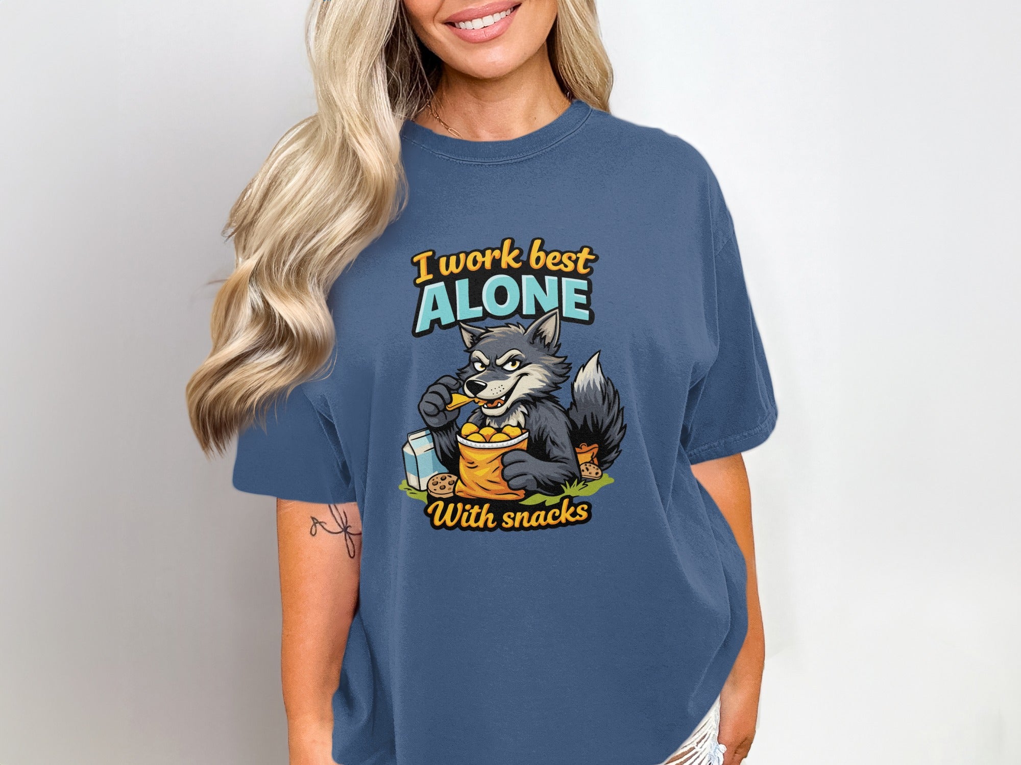 I Work Best Alone With Snacks Funny Graphic Tee