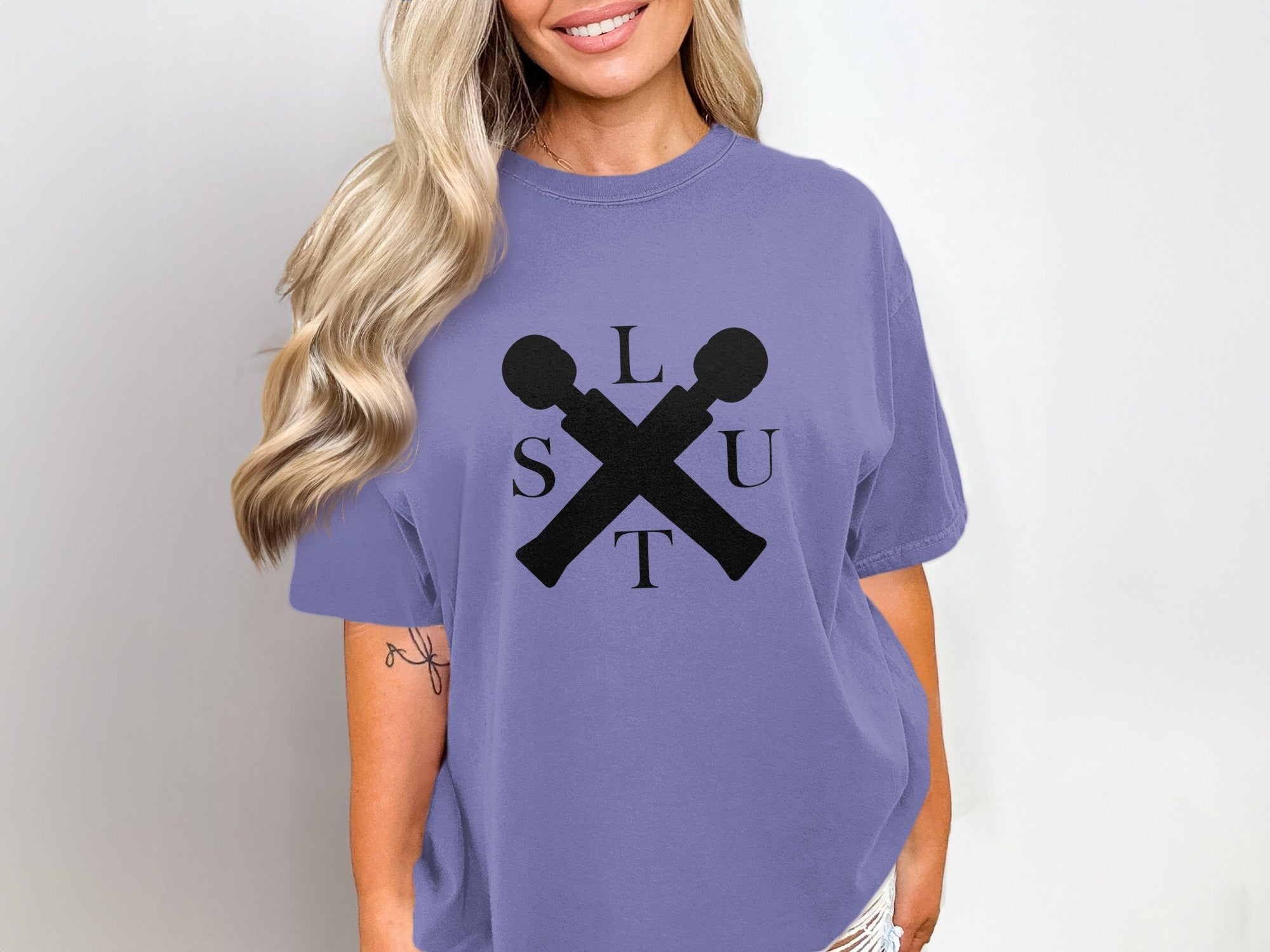 Casual Purple Graphic Tee with Black Cross Design