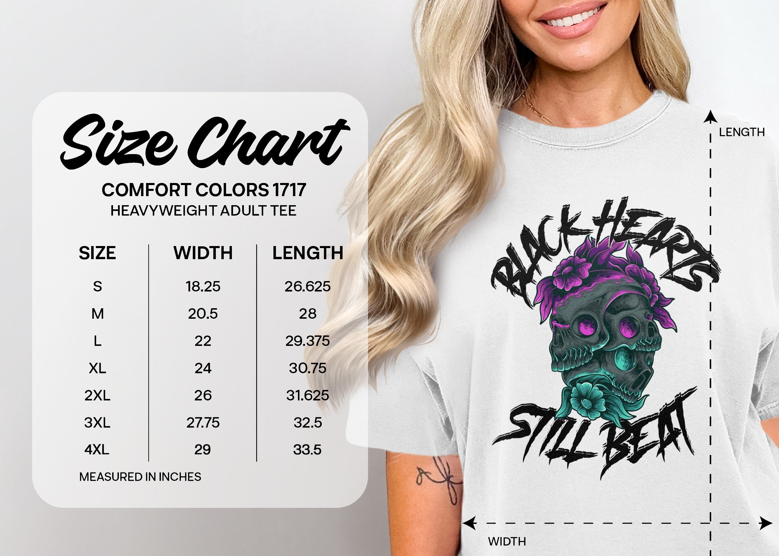 Size chart for Comfort Colors 1717 heavyweight adult tee, showing measurements.