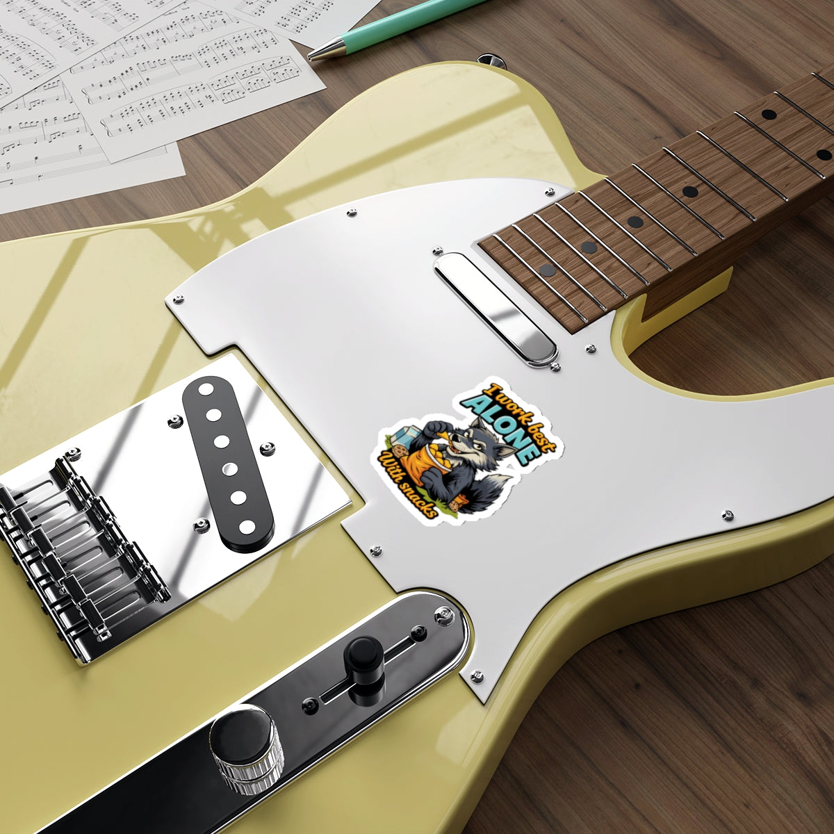 I Work Best Alone With Snacks Sticker for Guitar