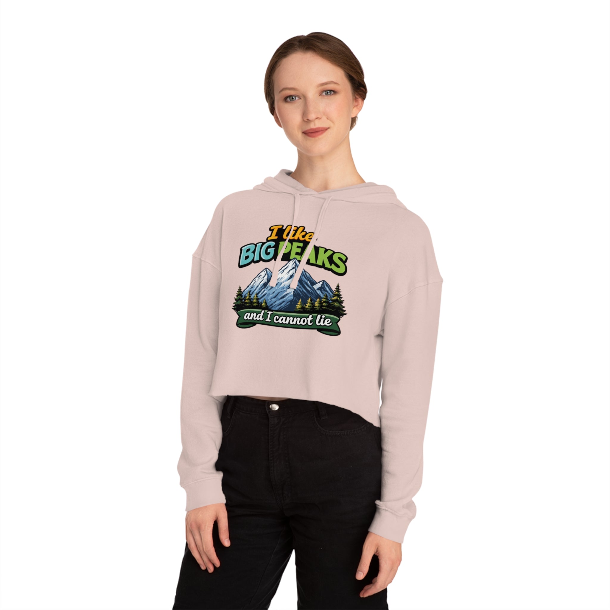 Cropped hoodie with "I like BIG PEAKS and I cannot lie" graphic.