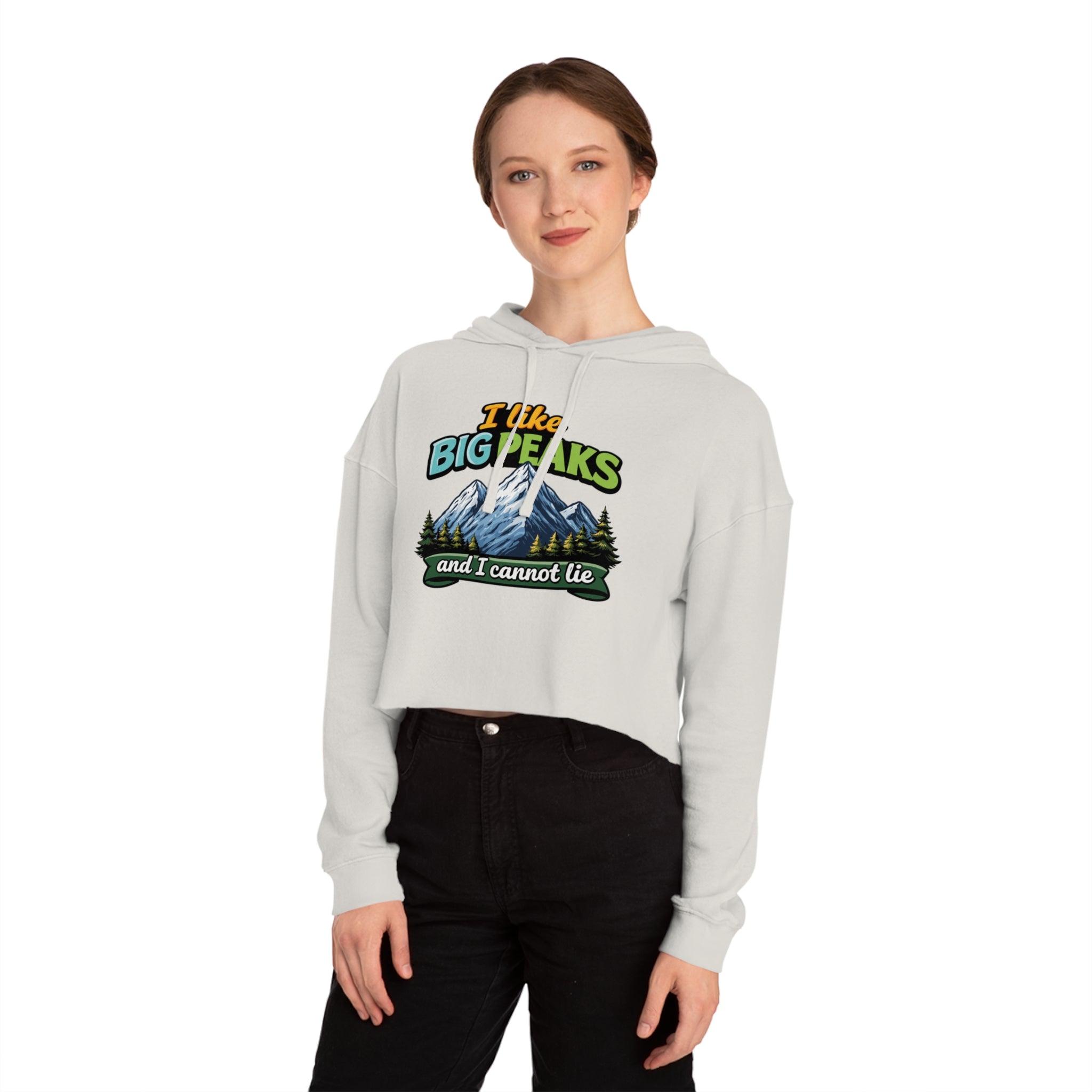Cropped hoodie with "I like BIG PEAKS and I cannot lie" slogan and mountain graphic.