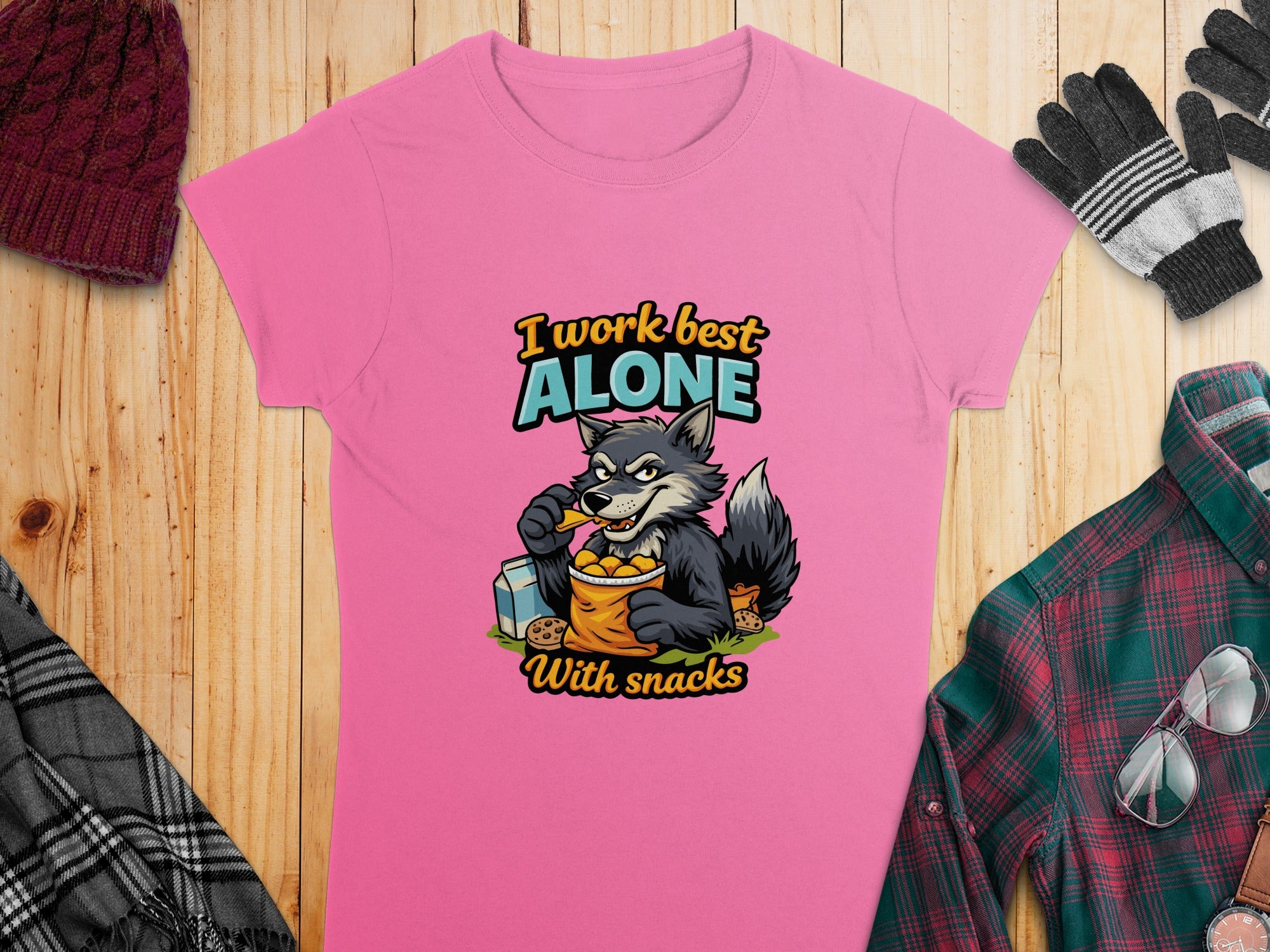 I Work Best Alone With Snacks Fun Graphic T-Shirt
