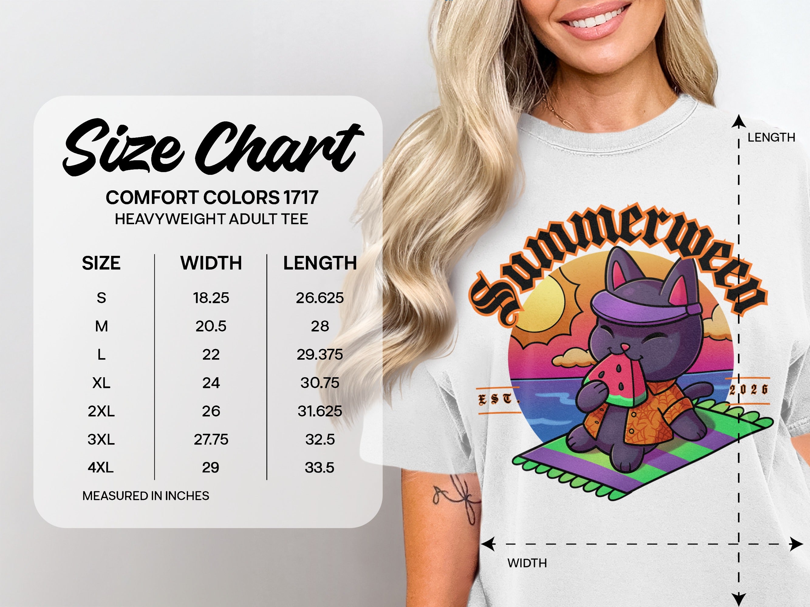 Comfort Colors 1717 size chart for heavyweight adult tee with width and length measurements.