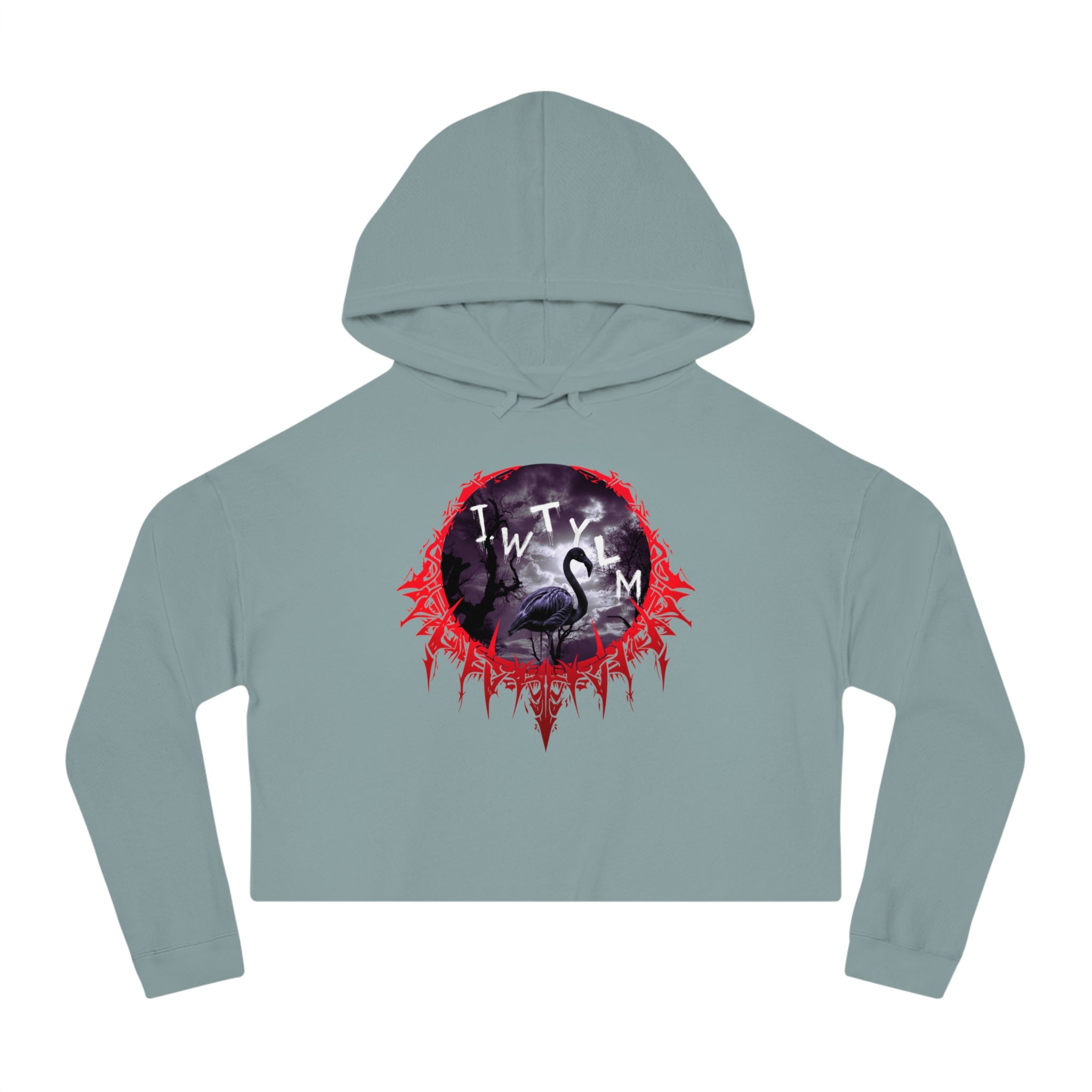Crop hoodie with JWTYLM logo featuring a black flamingo and red thorns.