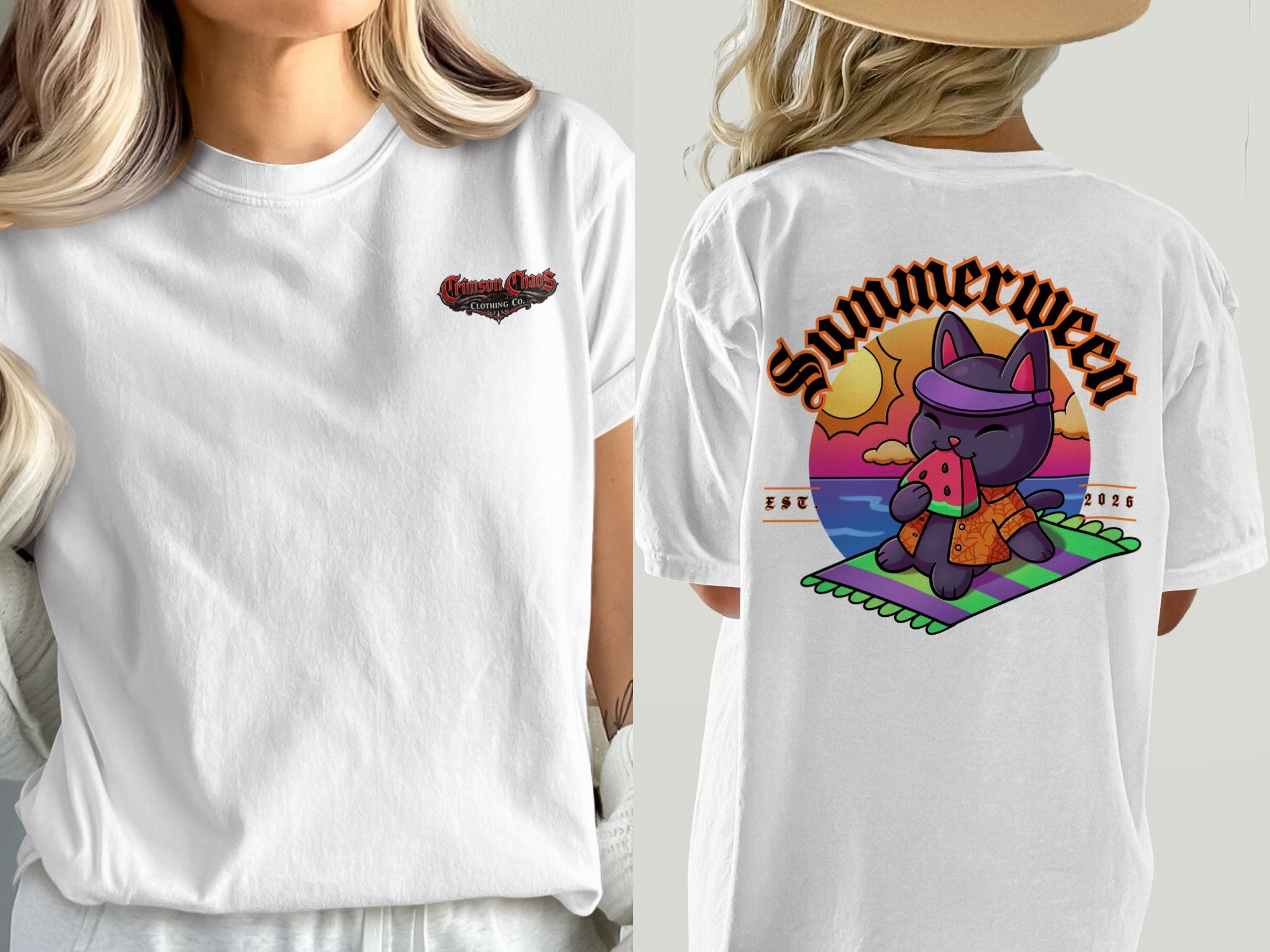 White t-shirt with a "Crimson Chaos Clothing Co." logo on the left chest and "Summerween" graphic on the back.