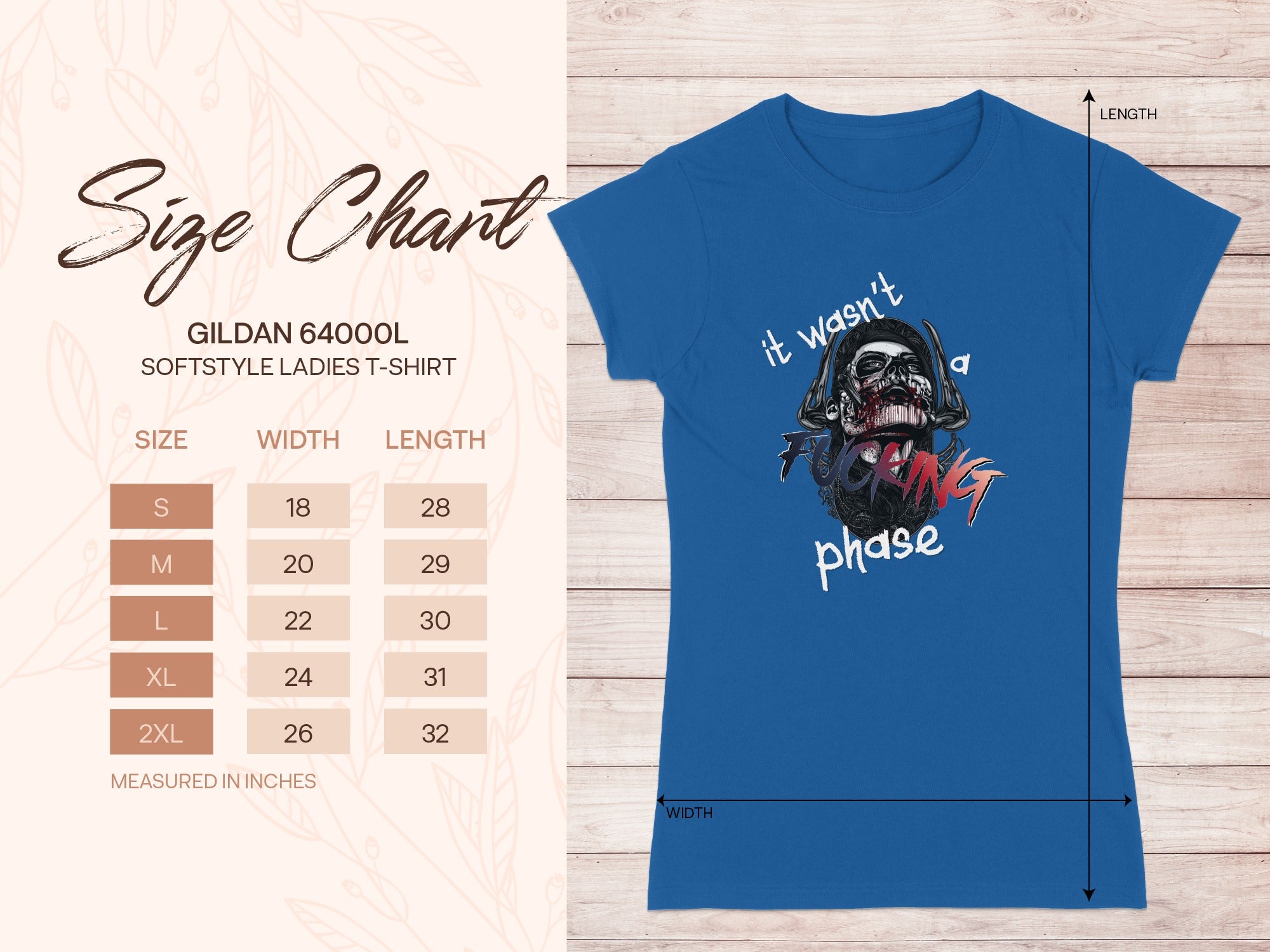 Size chart for Gildan 64000L ladies t-shirt with graphic.
