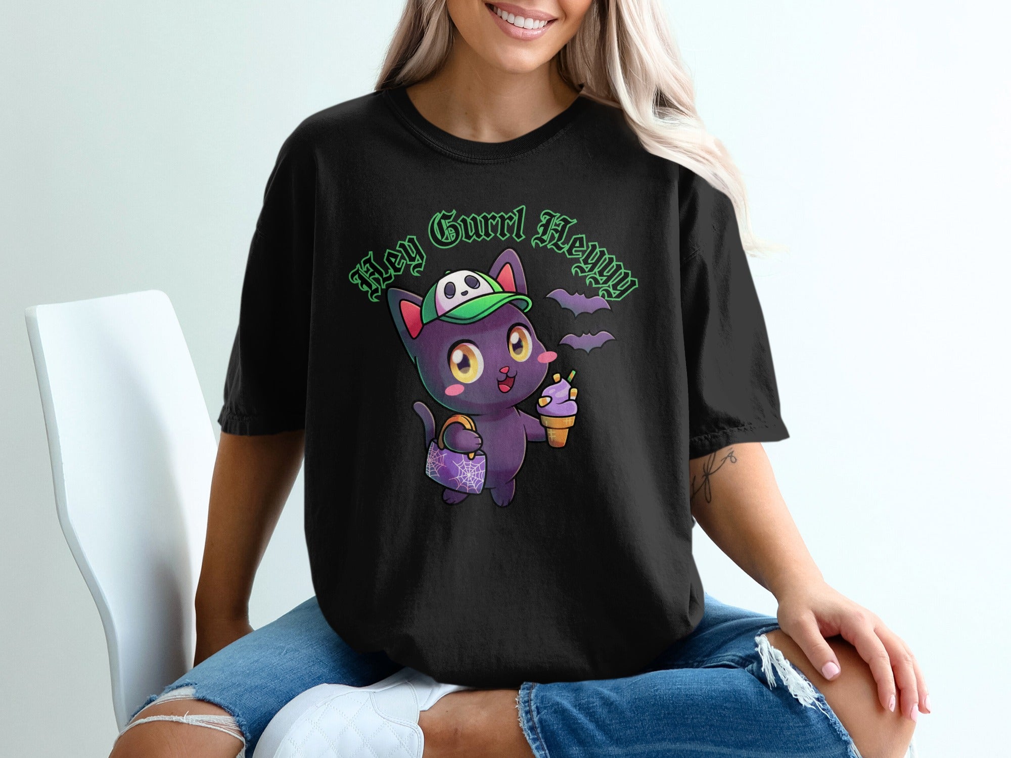 Black t-shirt with a cartoon cat, ice cream, and "Hey Gurrl Heyyy" text.