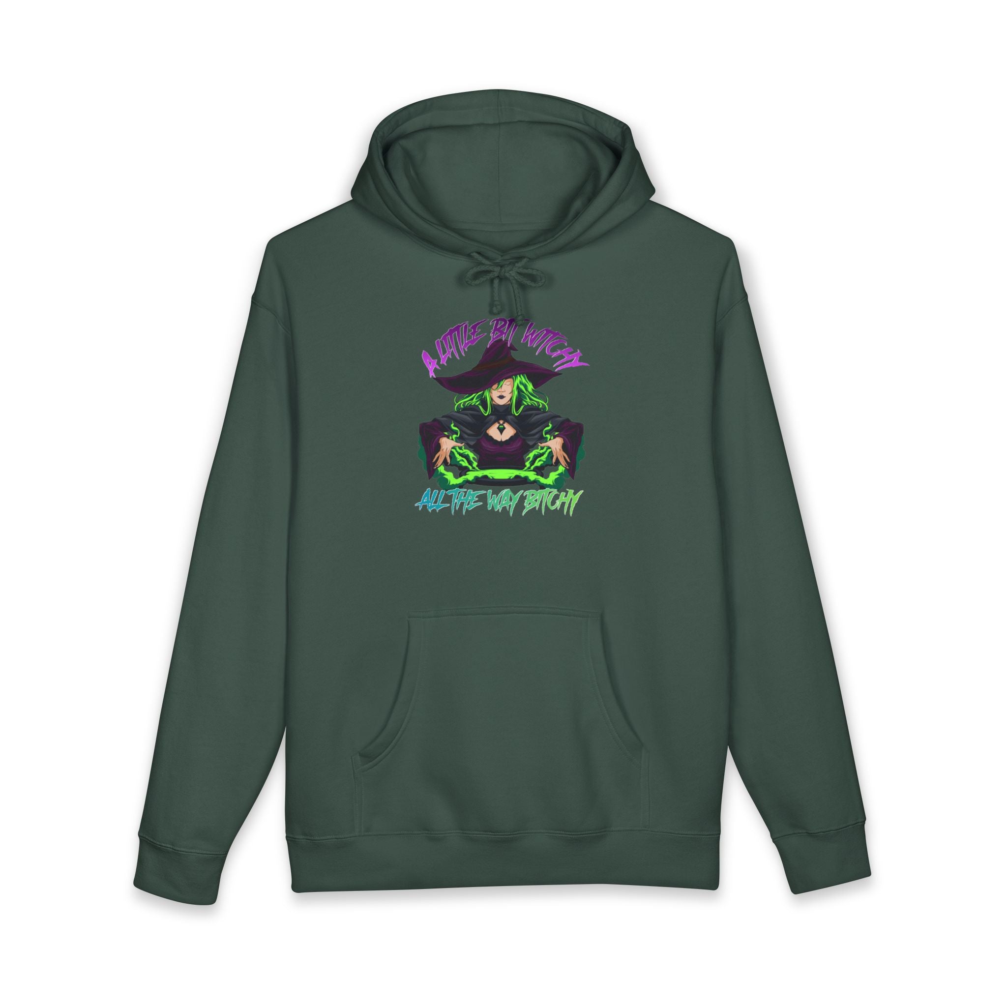 Green hoodie featuring a witch casting spells, text reads "A little bit witchy, all the way bitchy."