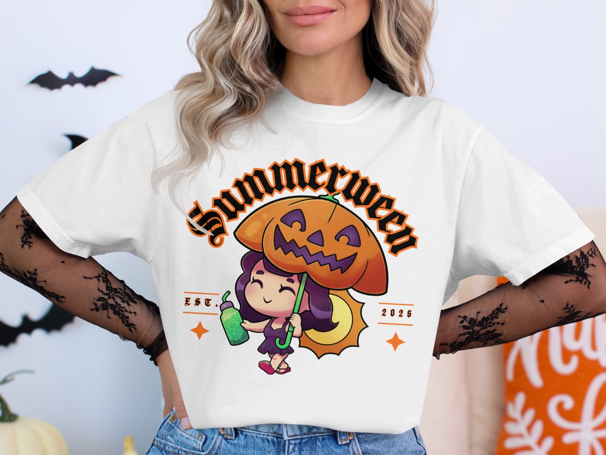 Chibi girl with pumpkin umbrella and "Summerween Est. 2026" text.