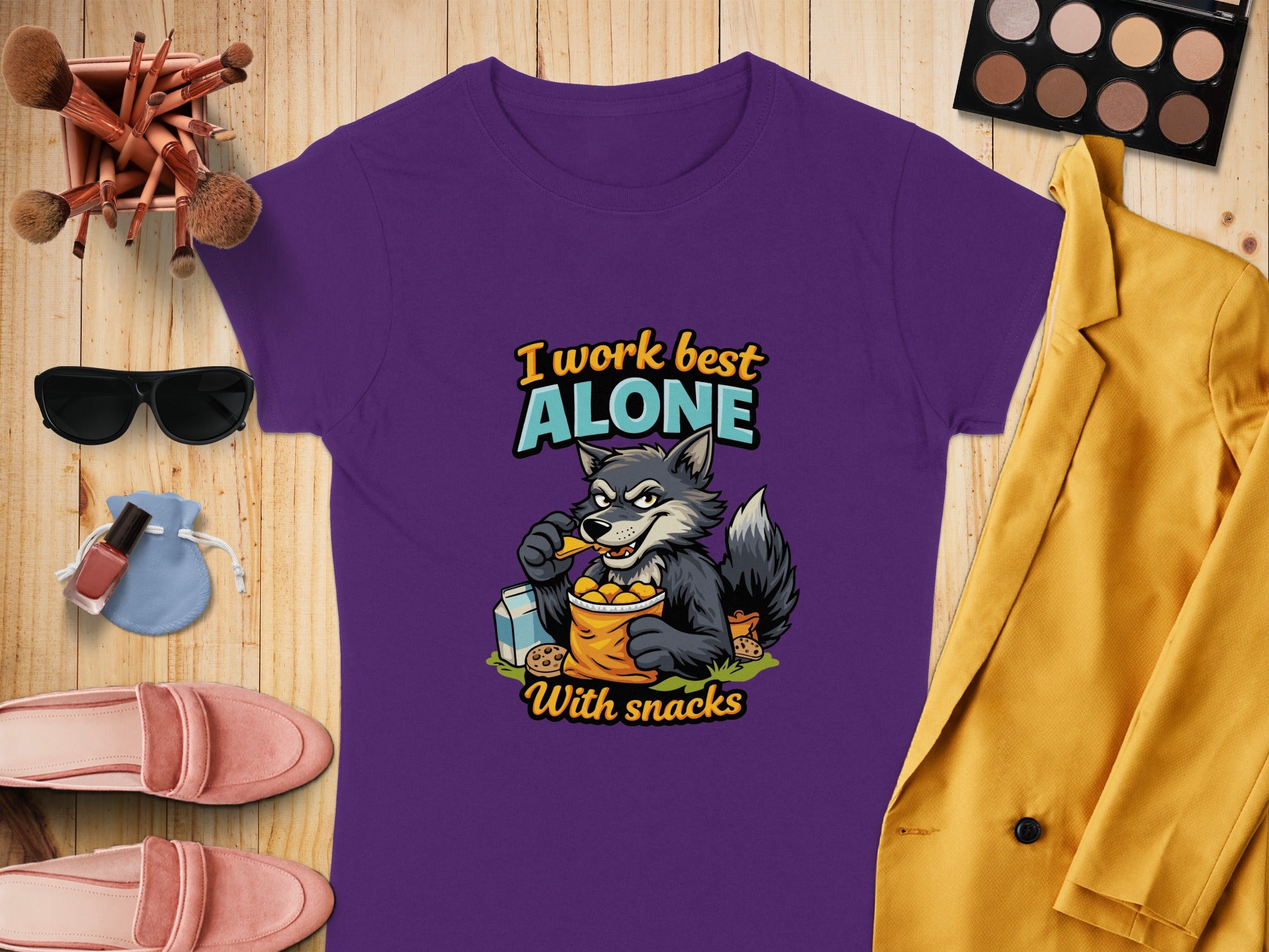 I Work Best Alone With Snacks Funny Wolf T-Shirt