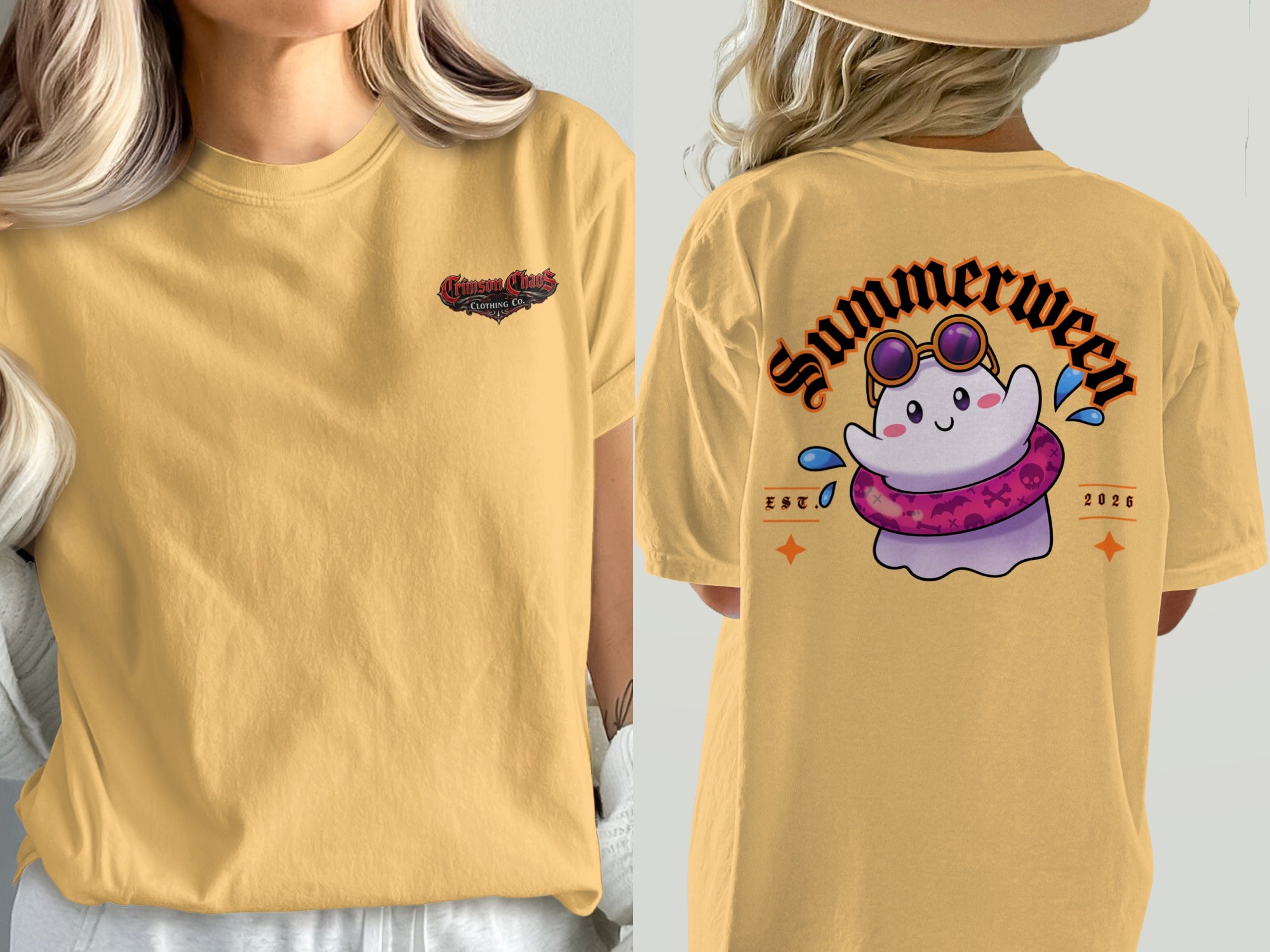 Yellow t-shirt with Crimson Chaos Clothing Co. logo on front and ghost design on back.