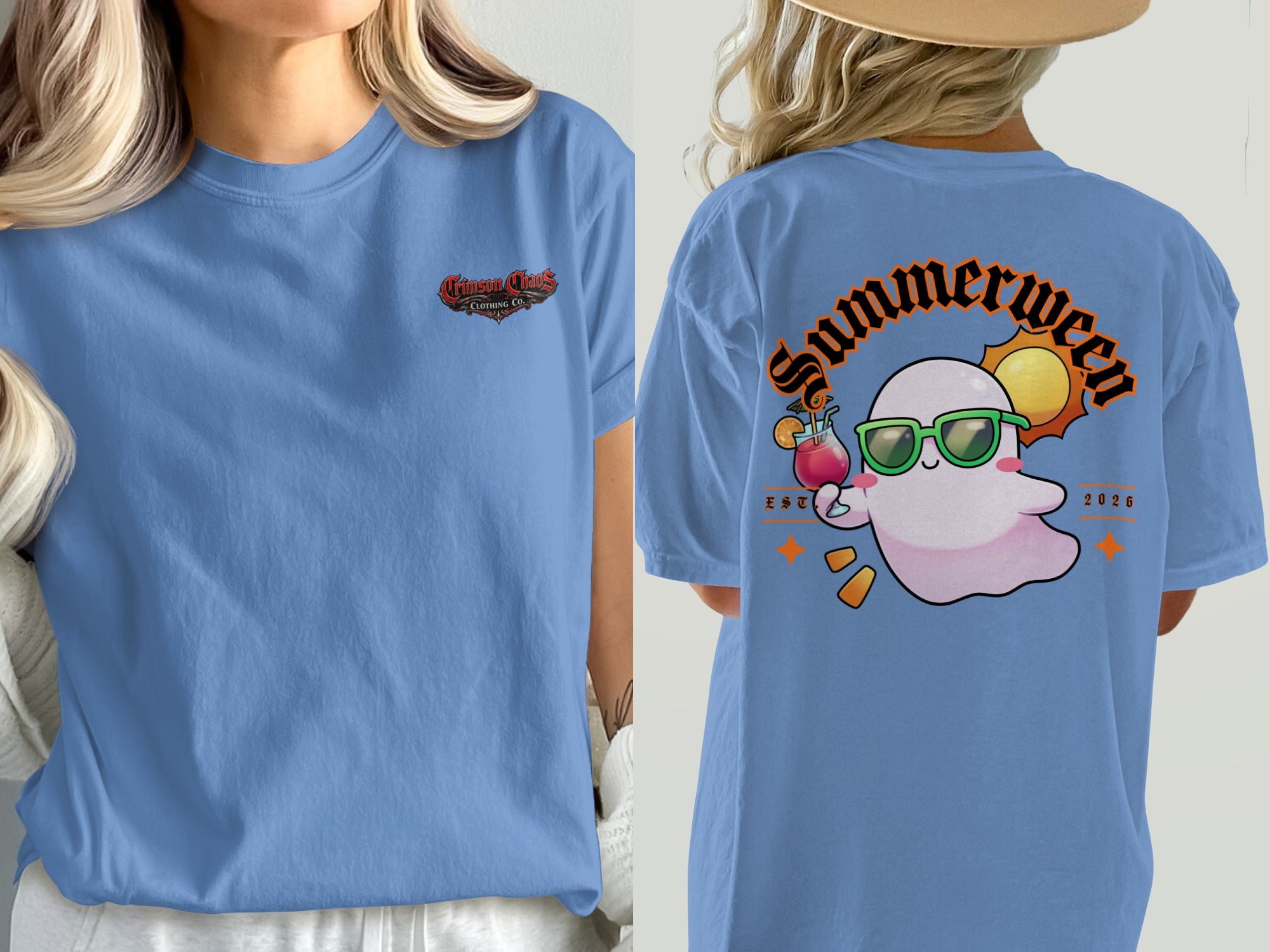 Blue t-shirt with a ghost, sunglasses, cocktail, and "Summerween 2026" text on back.