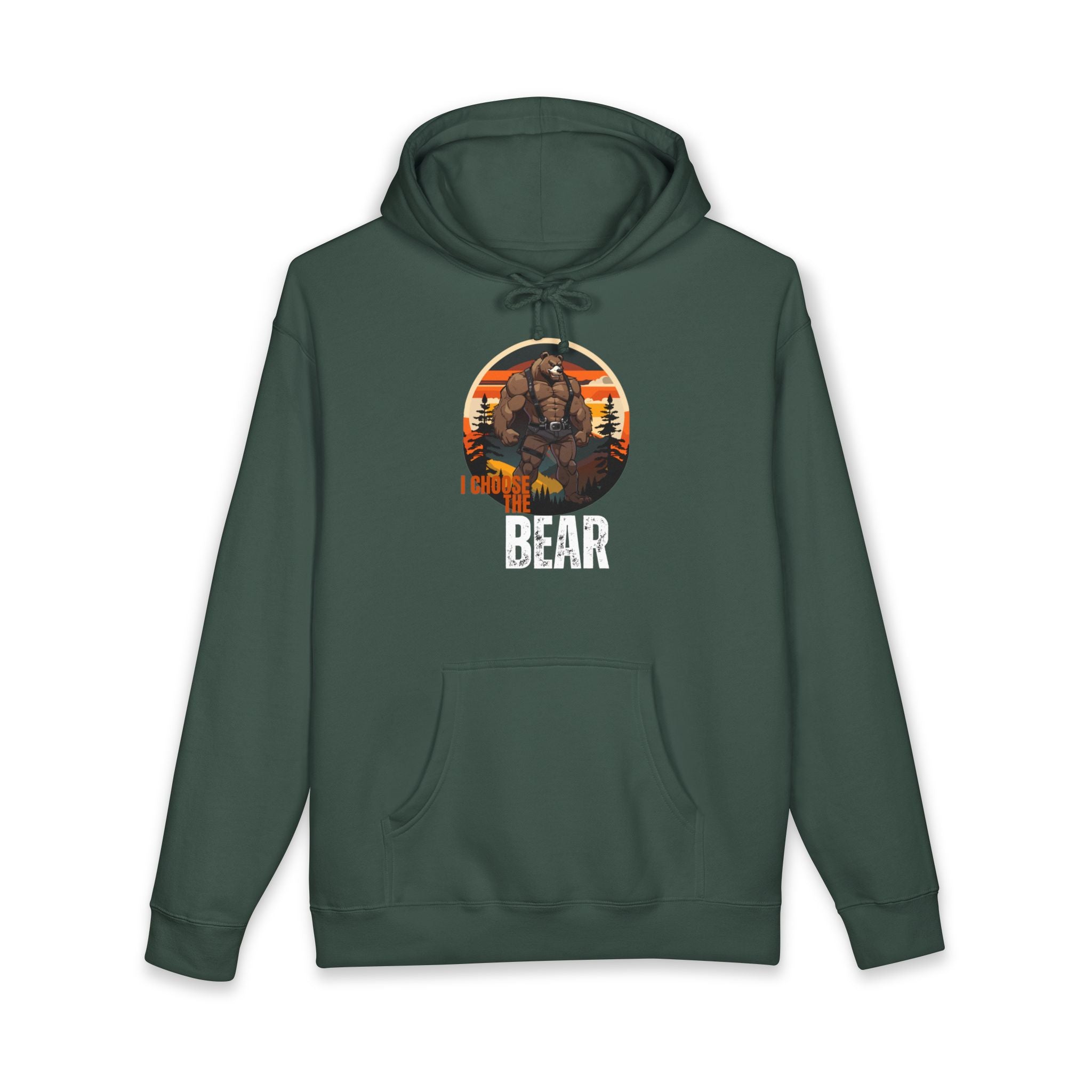 Bear graphic with "I Choose the Bear" text on a dark green hoodie.