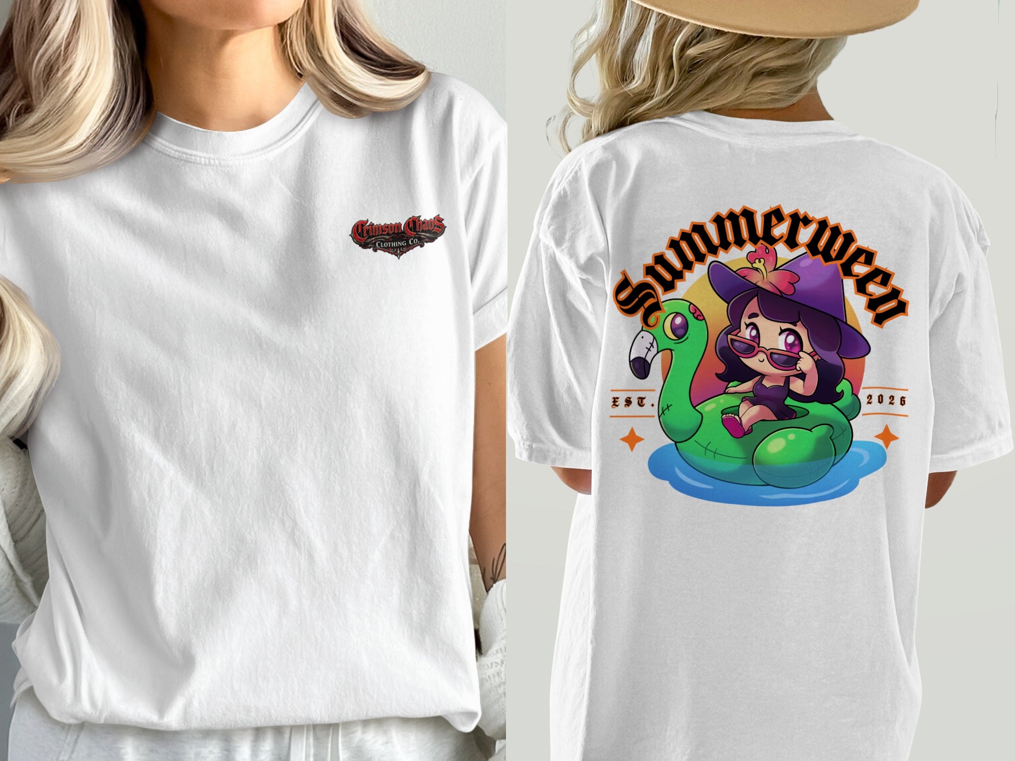 White t-shirt with small logo on front and cartoon witch on flamingo float on back.