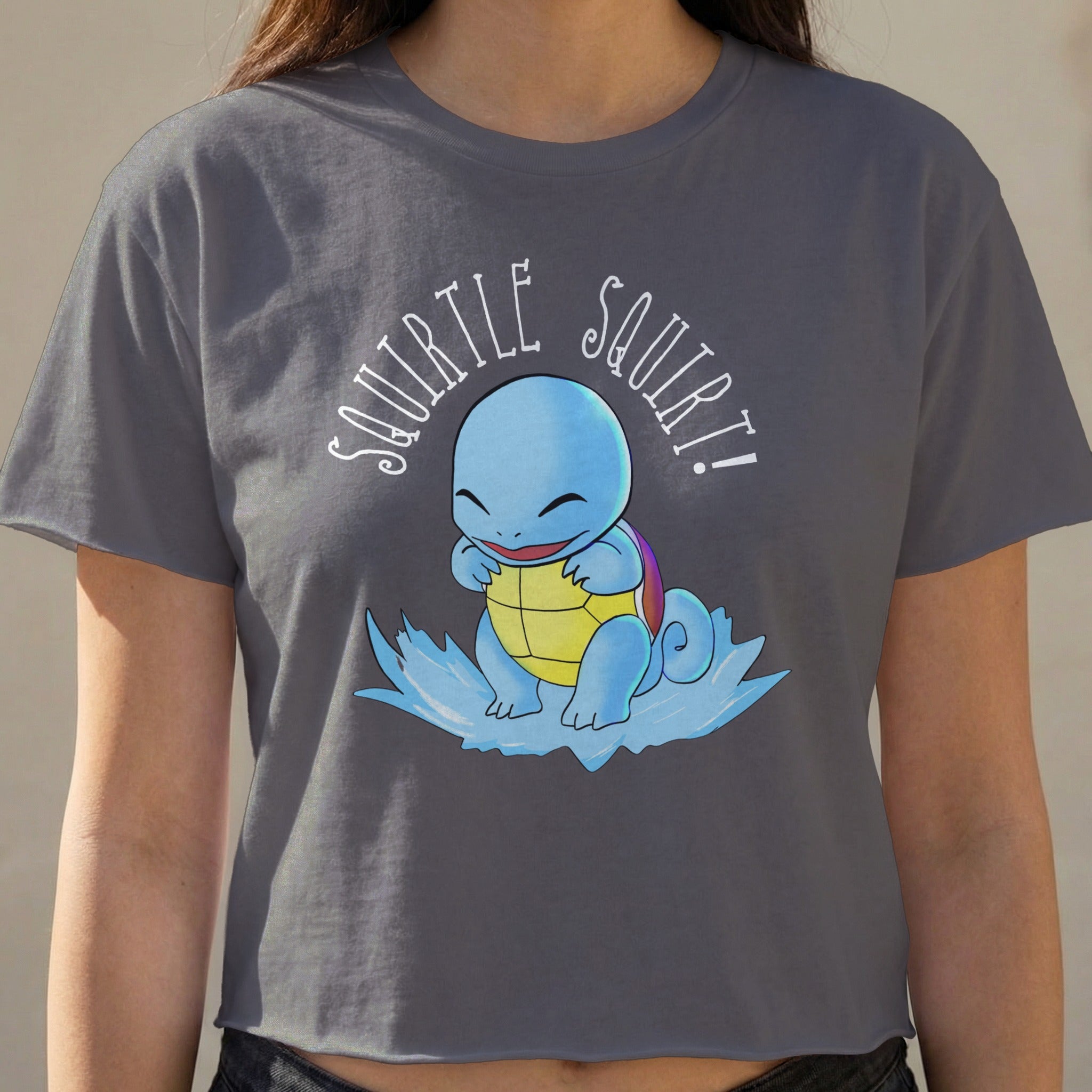 Squirtle from Pokémon sitting on water with "Squirtle Squirt!" text.