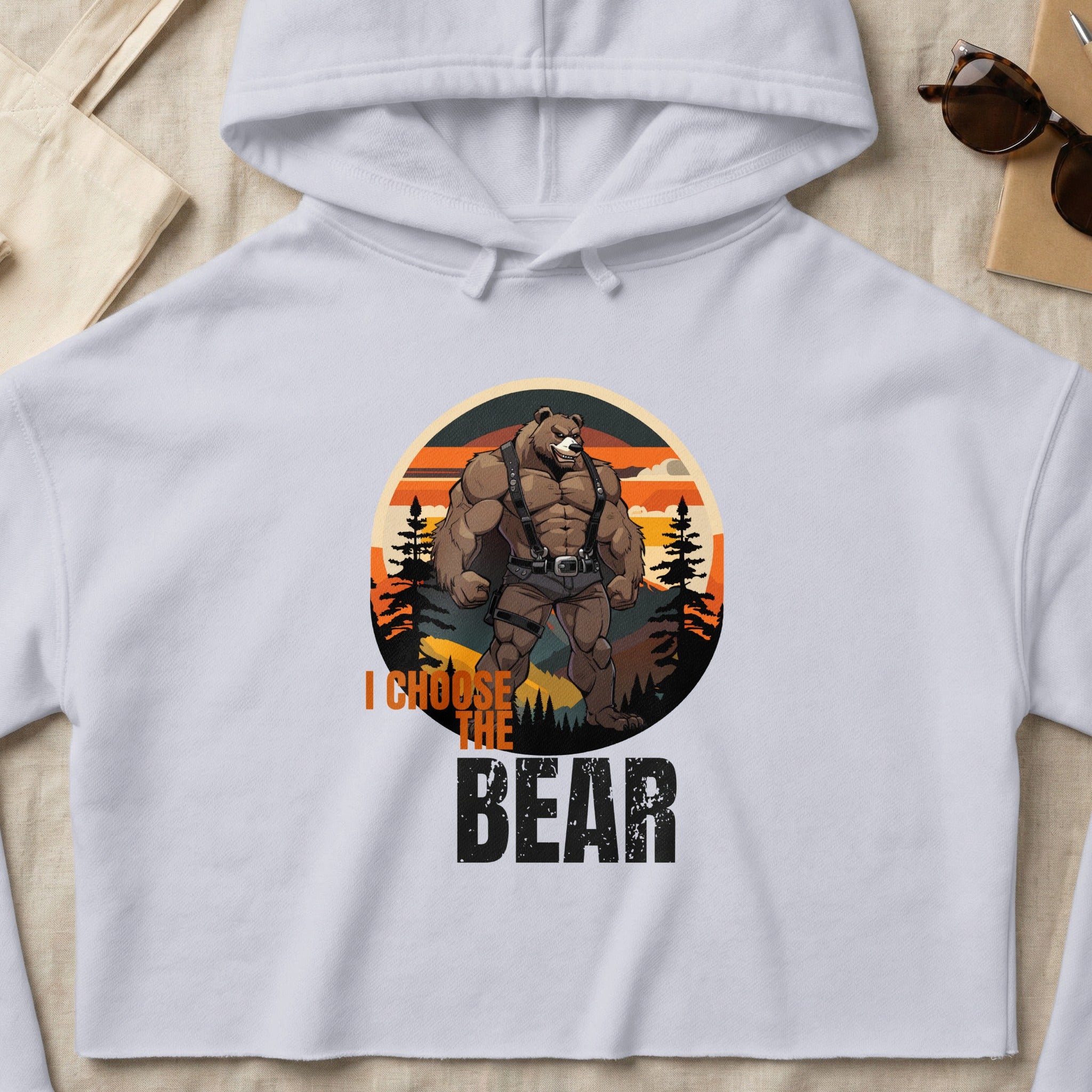 White hoodie with a muscular bear graphic and text "I CHOOSE THE BEAR".