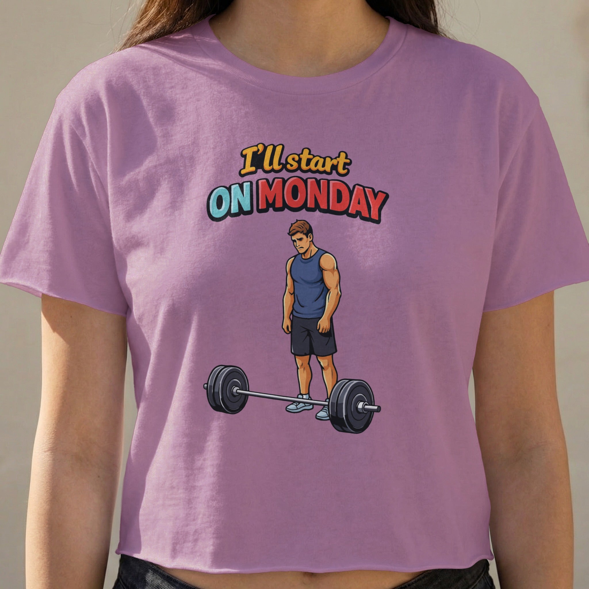 T-shirt with "I'll start ON MONDAY" and a man standing next to a barbell.