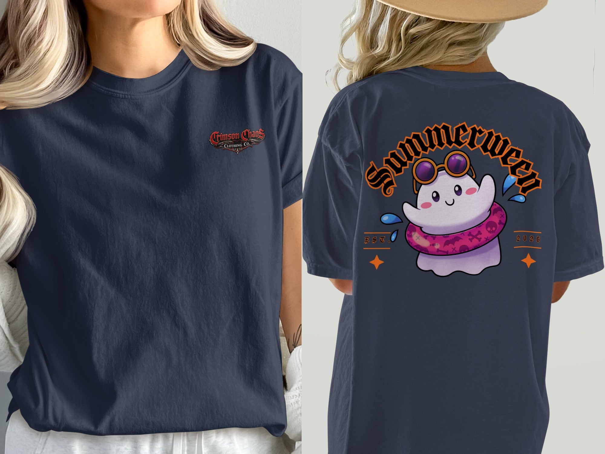 Dark navy t-shirt with "Crimson Chaos Clothing Co." logo on front and "Summerween" ghost graphic on back.