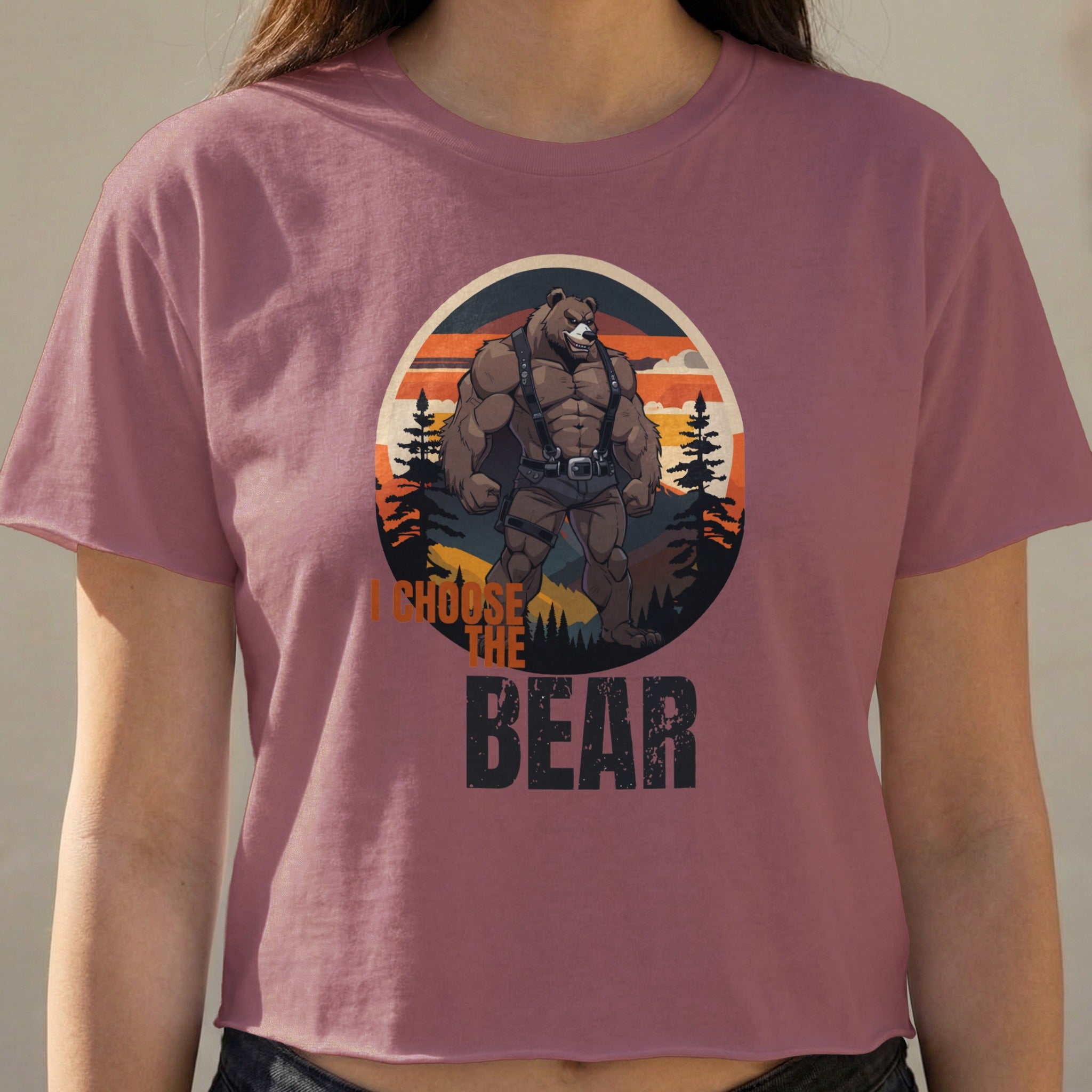Mascot bear with "I Choose The Bear" text on a maroon t-shirt.