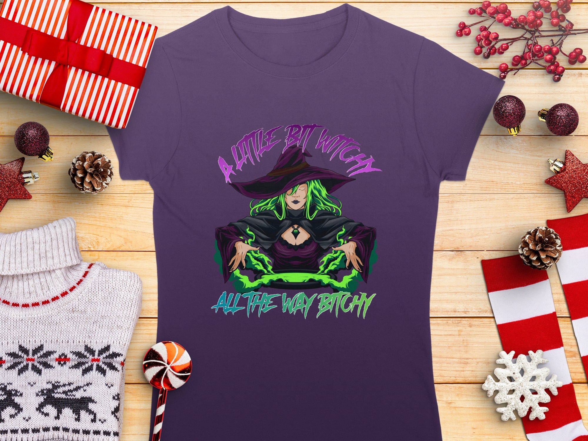 Purple t-shirt with witch graphic: "A Little Bit Witchy All The Way Bitchy"