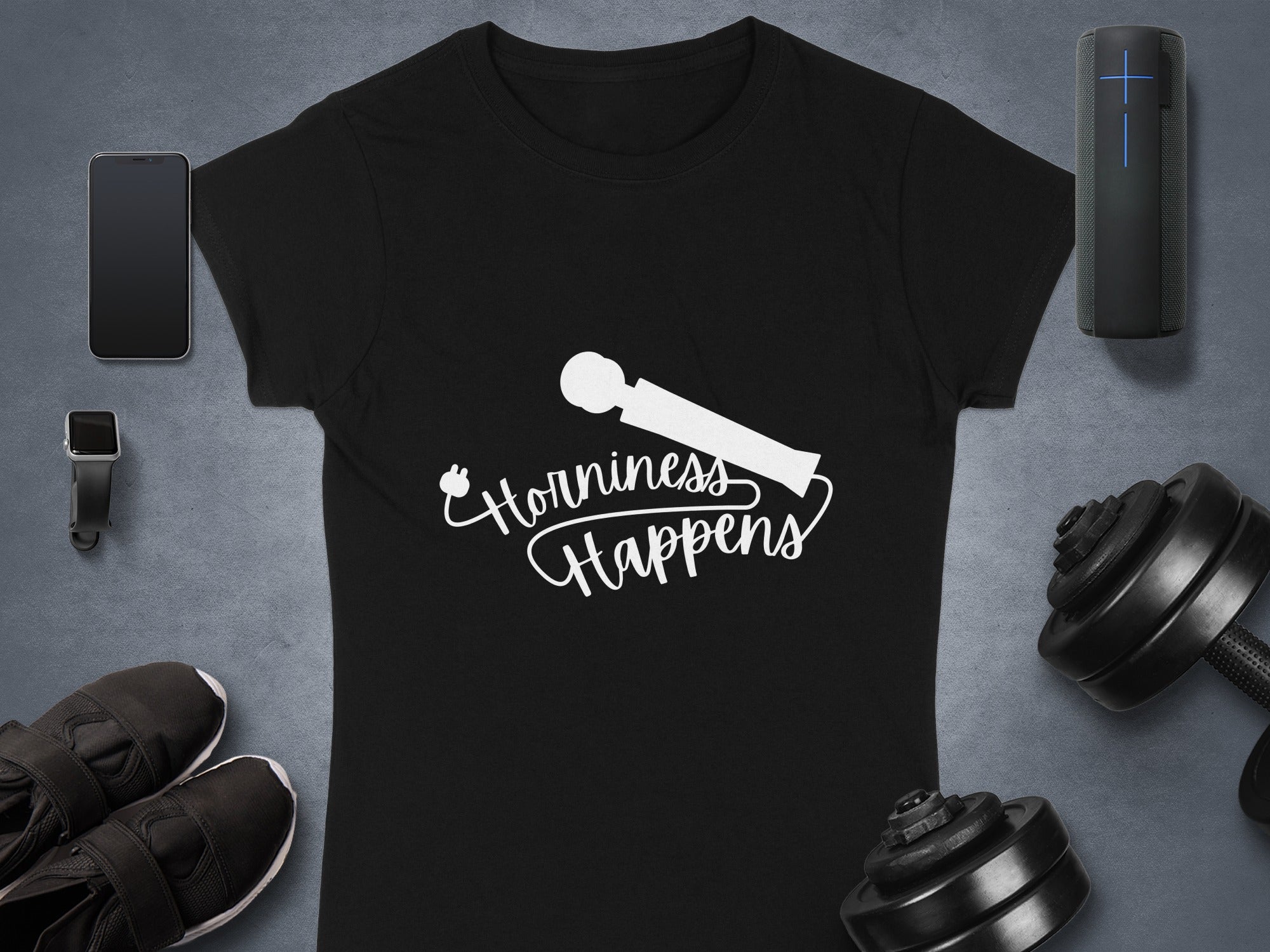 Horniness Happens Black T-Shirt Funny Workout Apparel