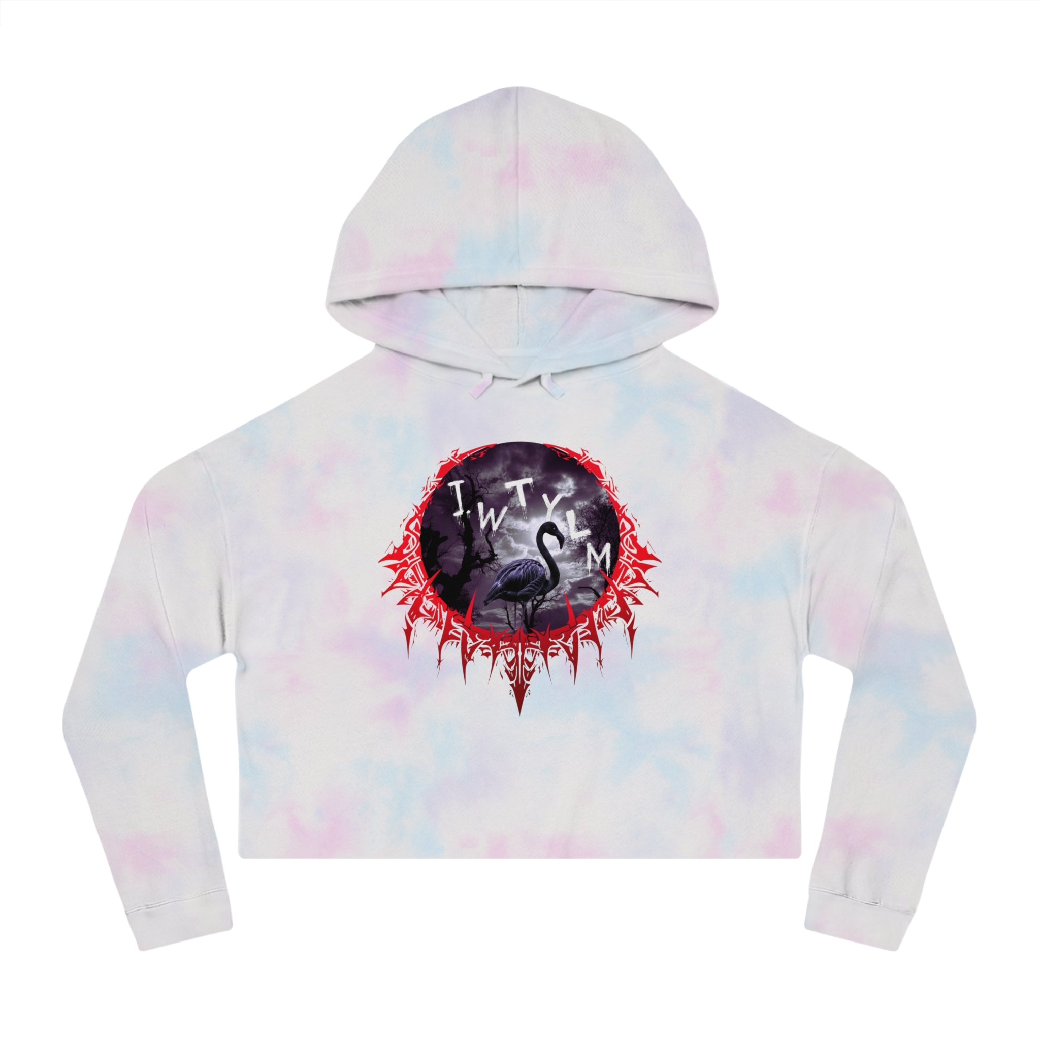 White cropped hoodie with tie-dye pattern and circular graphic featuring flamingo.