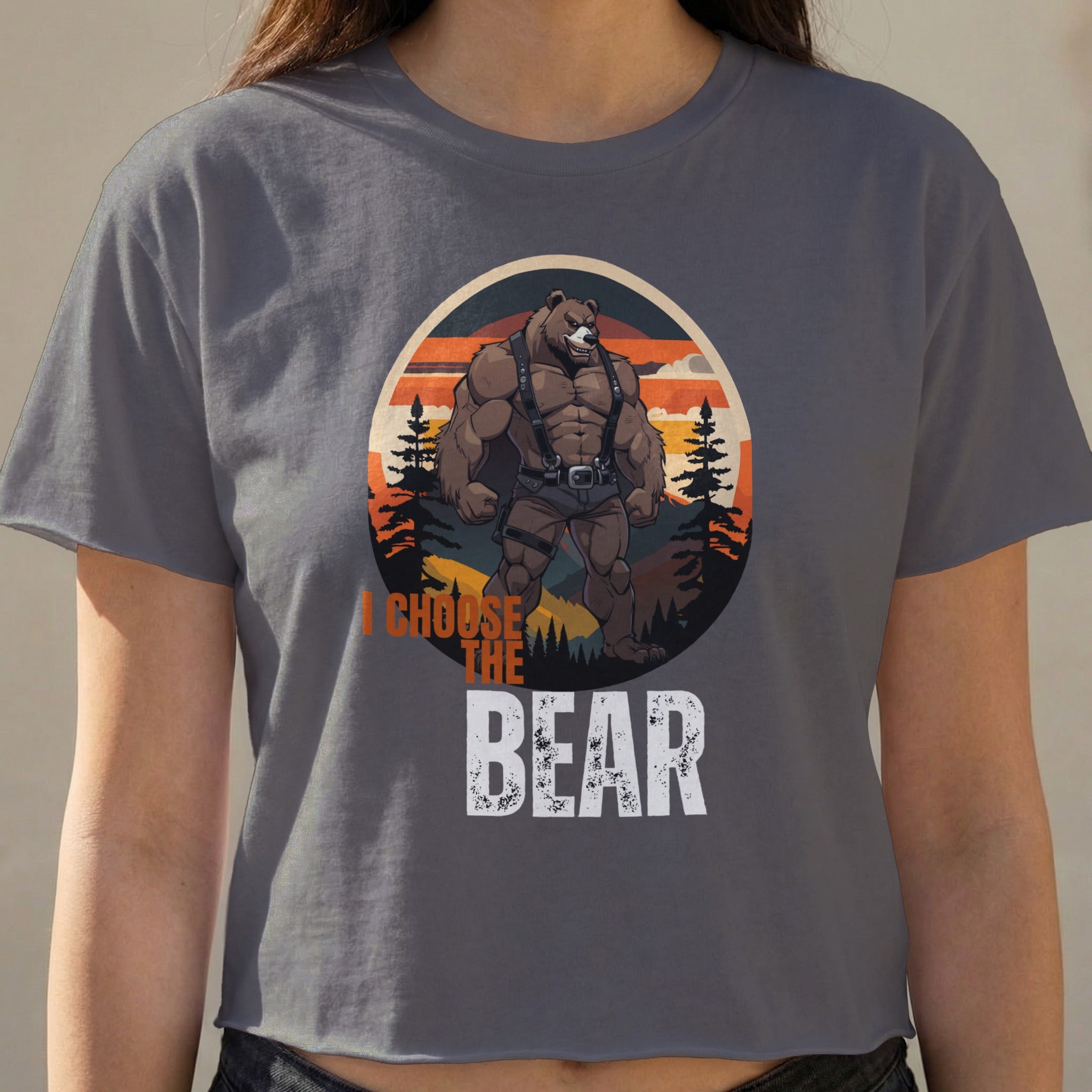 Cropped gray t-shirt with "I choose the bear" text and muscular bear illustration.