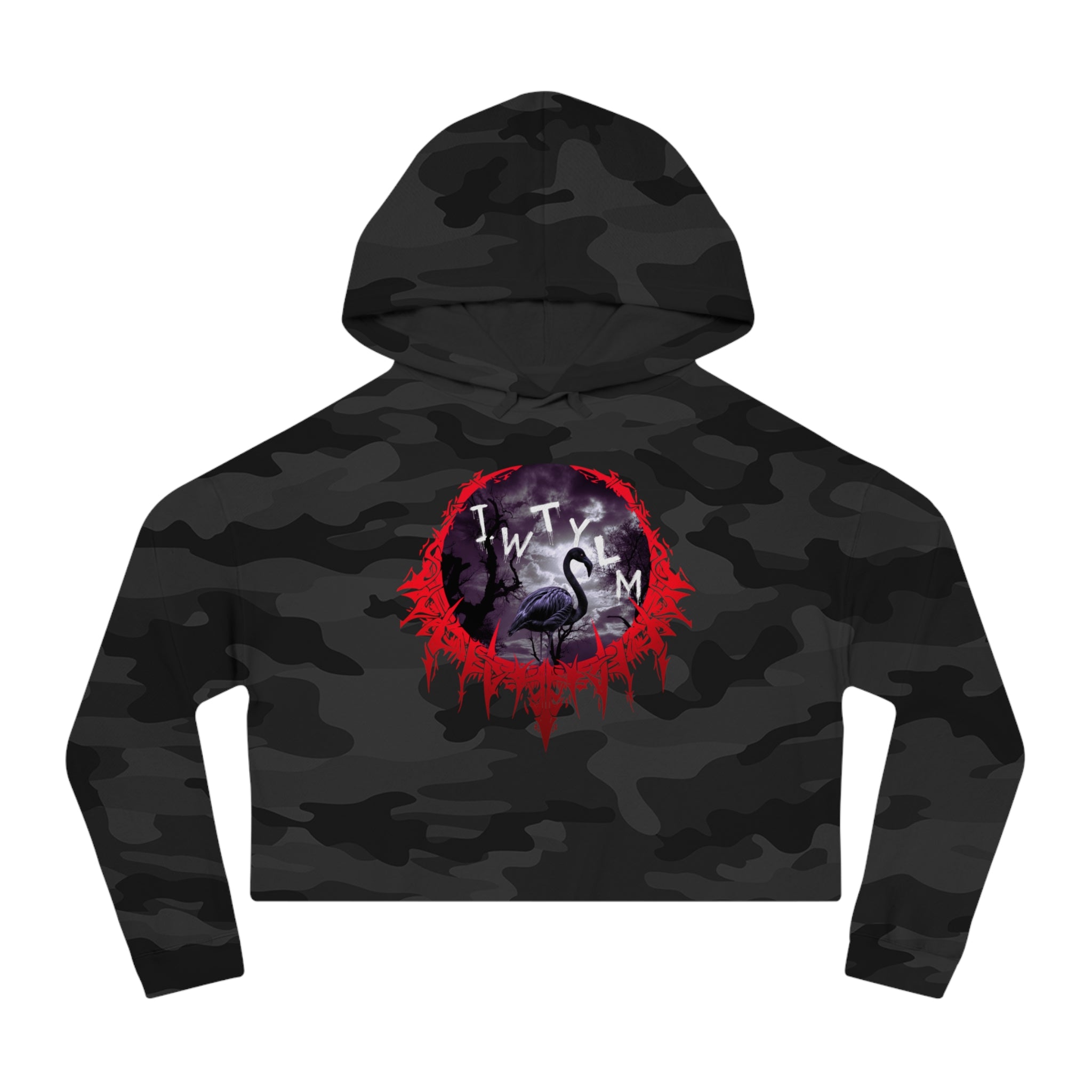 Black camouflage cropped hoodie with "JWTYLM" and a red, feathered creature graphic.