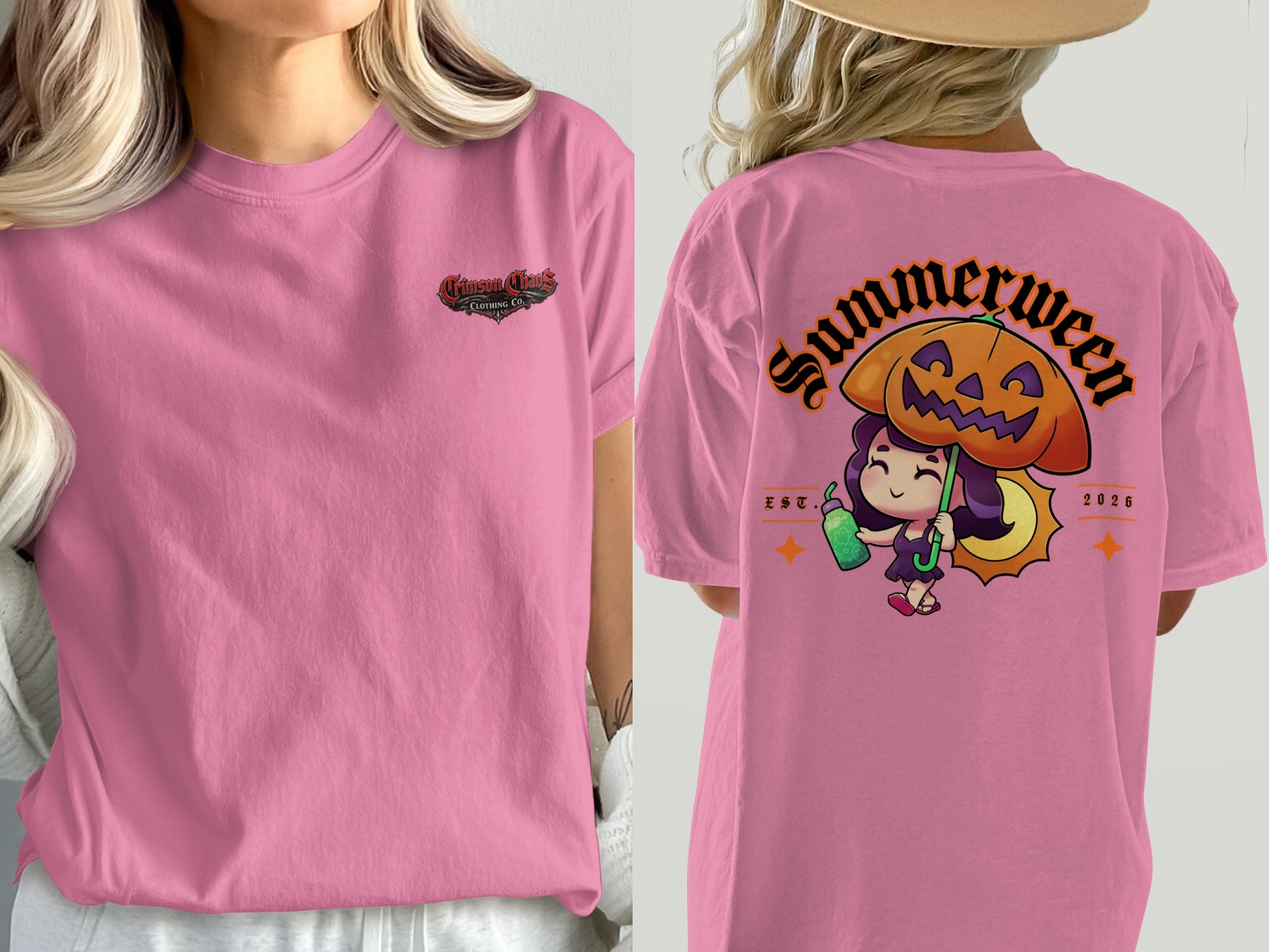Pink t-shirt with "Crimson Chaos Clothing Co." on the front and "Summerween" graphic on the back.