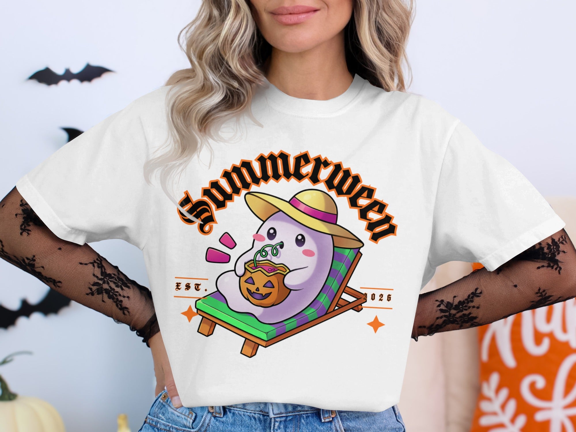Ghost on lounge chair with pumpkin drink, "Summerween" text, EST. 2026