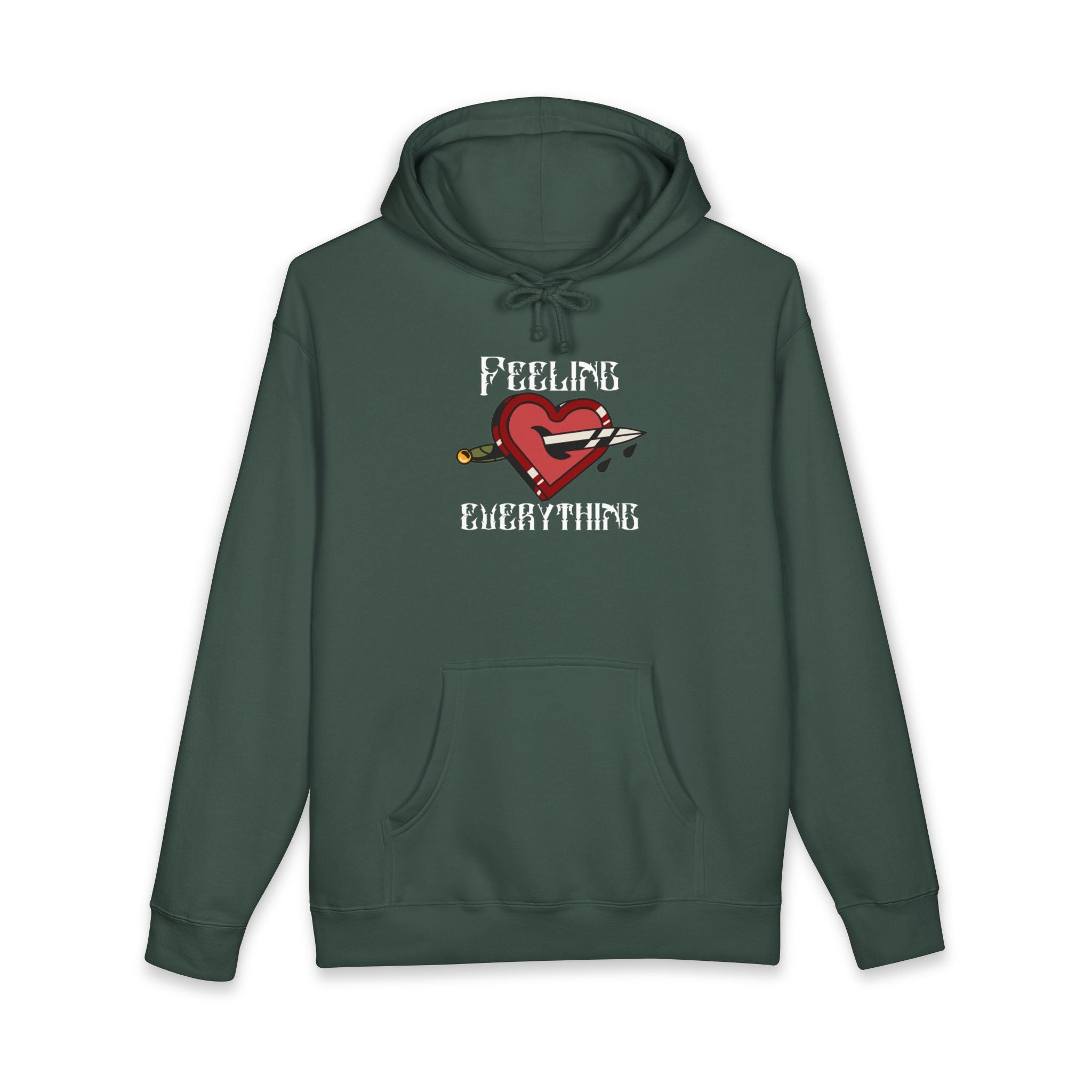 Green hoodie with heart pierced by sword, text FEELS EVERYTHING.